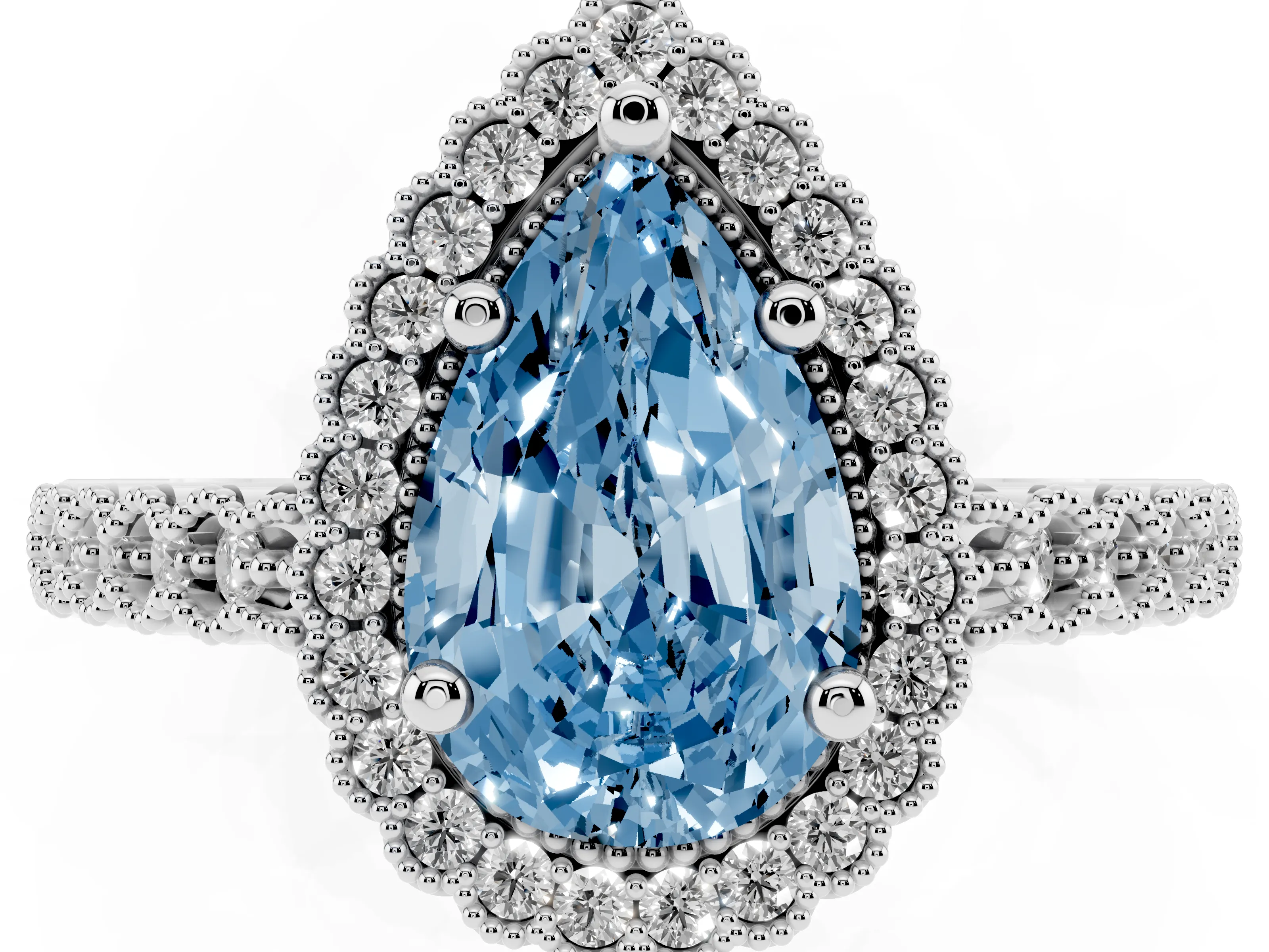 Fancy Blue Pear Cut Diamond Halo Ring Set in Platinum with Pavé Milgrain Band