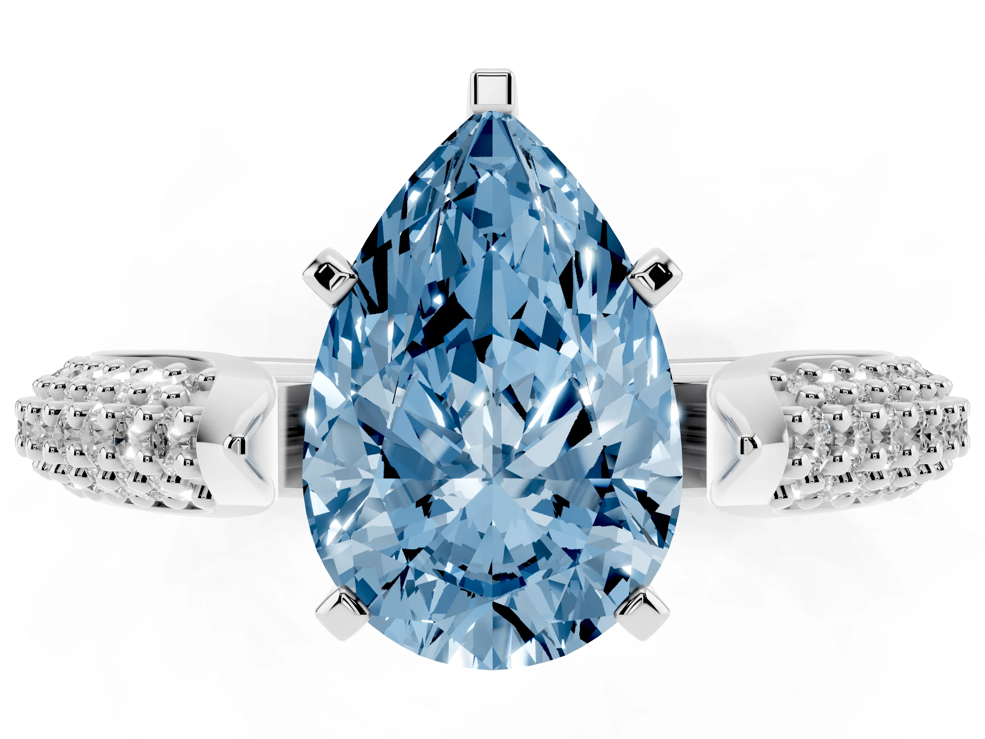 Fancy Blue Pear Cut Diamond Solitaire Engagement Ring Set in Platinum with Multi-Row Round Pavé Band and Prong Setting