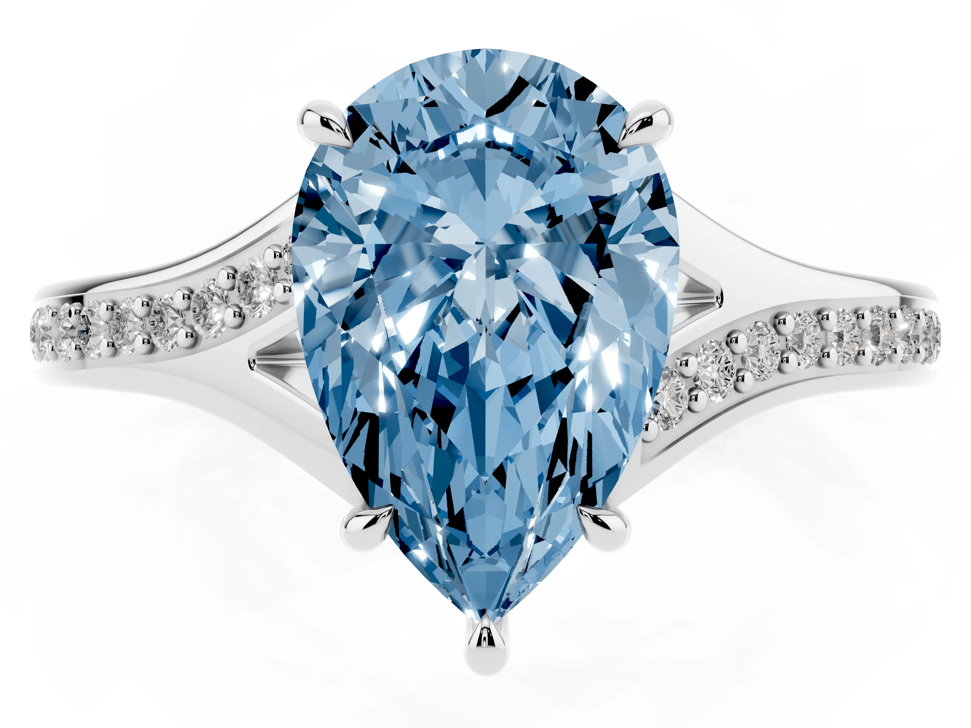 Fancy Blue Pear Cut Diamond Solitaire Ring Set in White gold with Pavé Accent Band and Classic Prong Setting