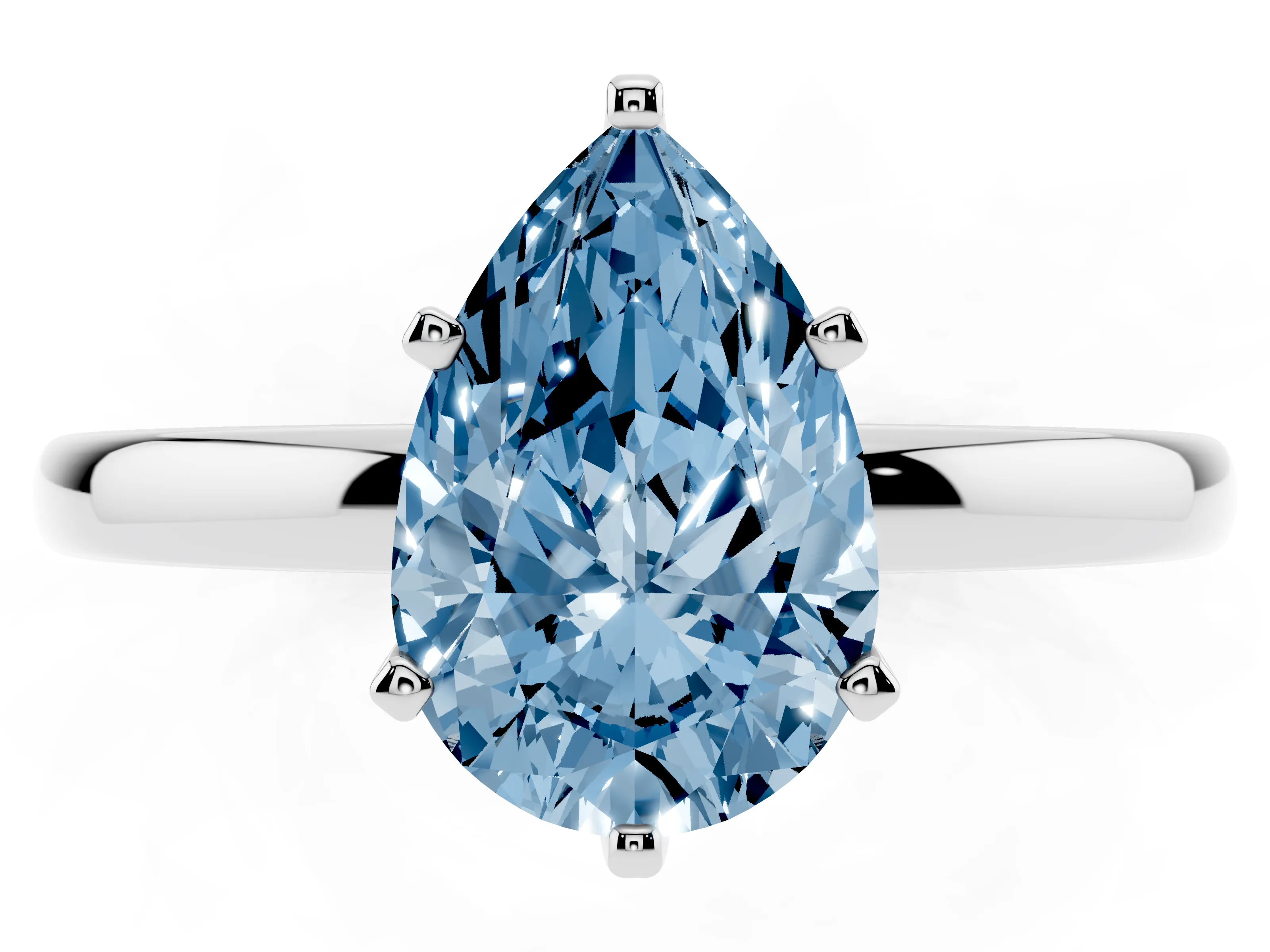 Fancy Blue Pear Cut Diamond Solitaire Ring Set in White gold with Raised Prong Setting on a Classic Band