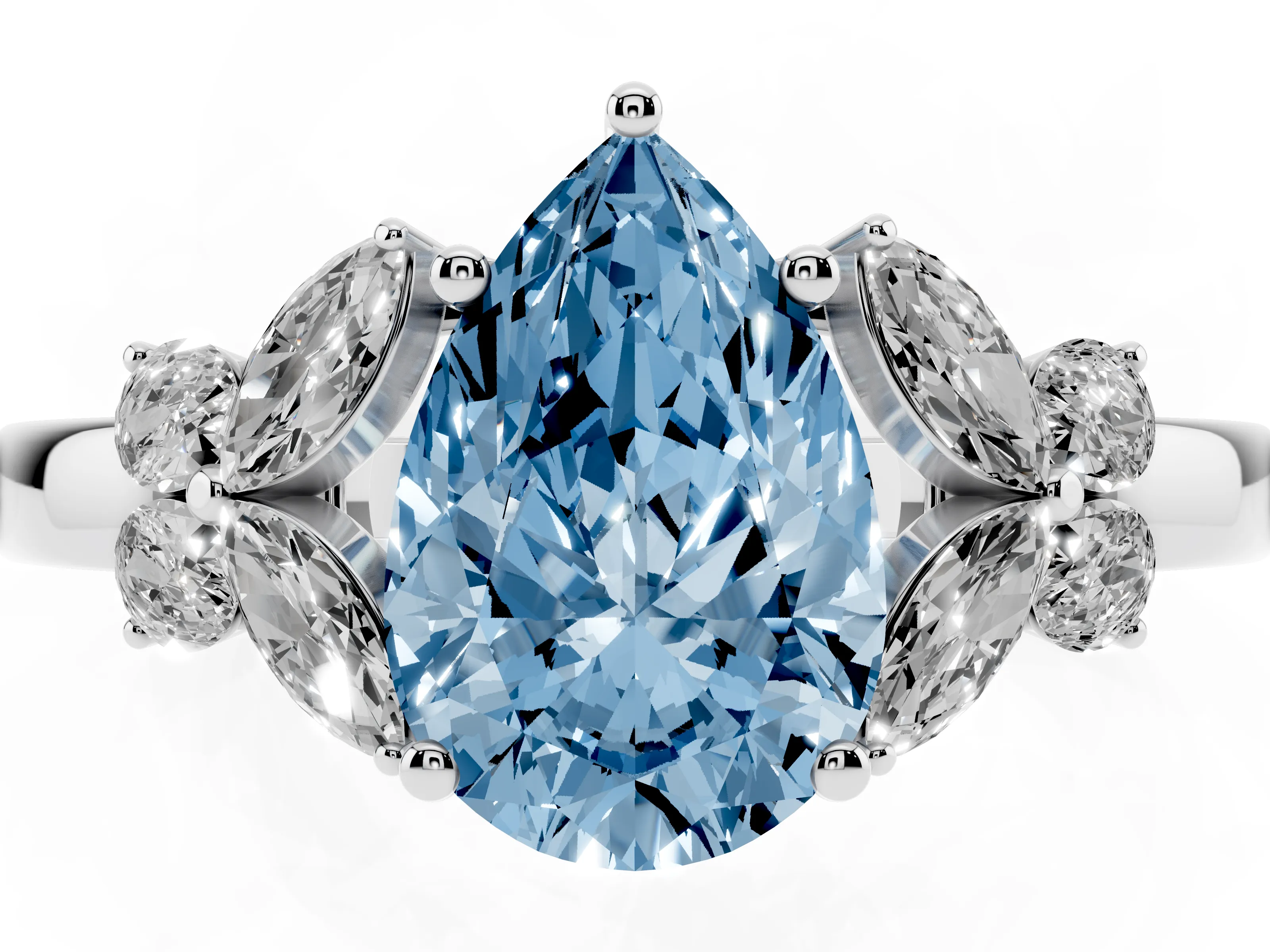 Fancy Blue Pear Cut Diamond Solitaire Floral Ring Set in Silver with Marquise Petals and Prong Setting
