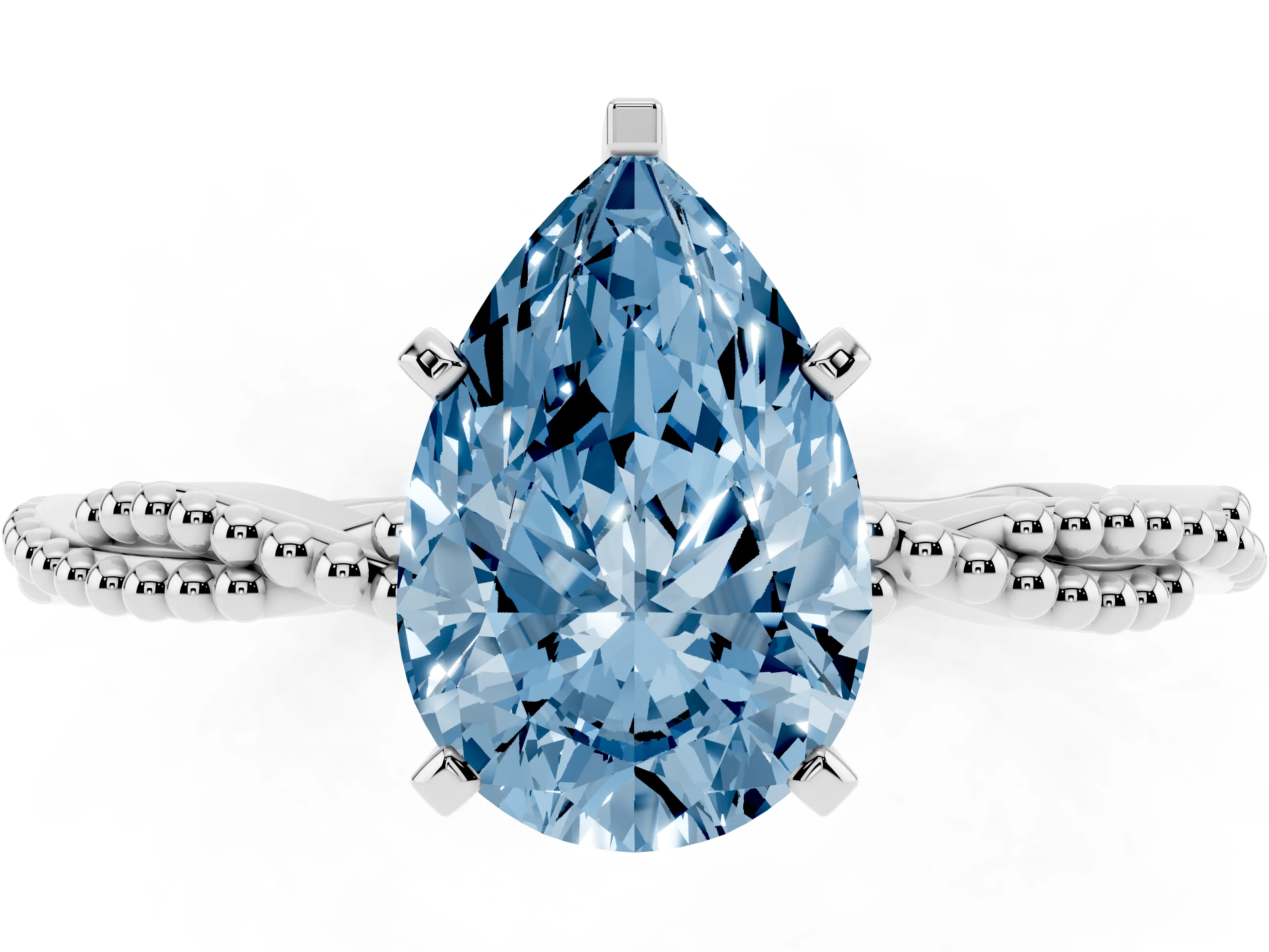 Fancy Blue Pear Cut Diamond Solitaire Ring Set in Platinum with Twisted Band and Bead Prong Setting