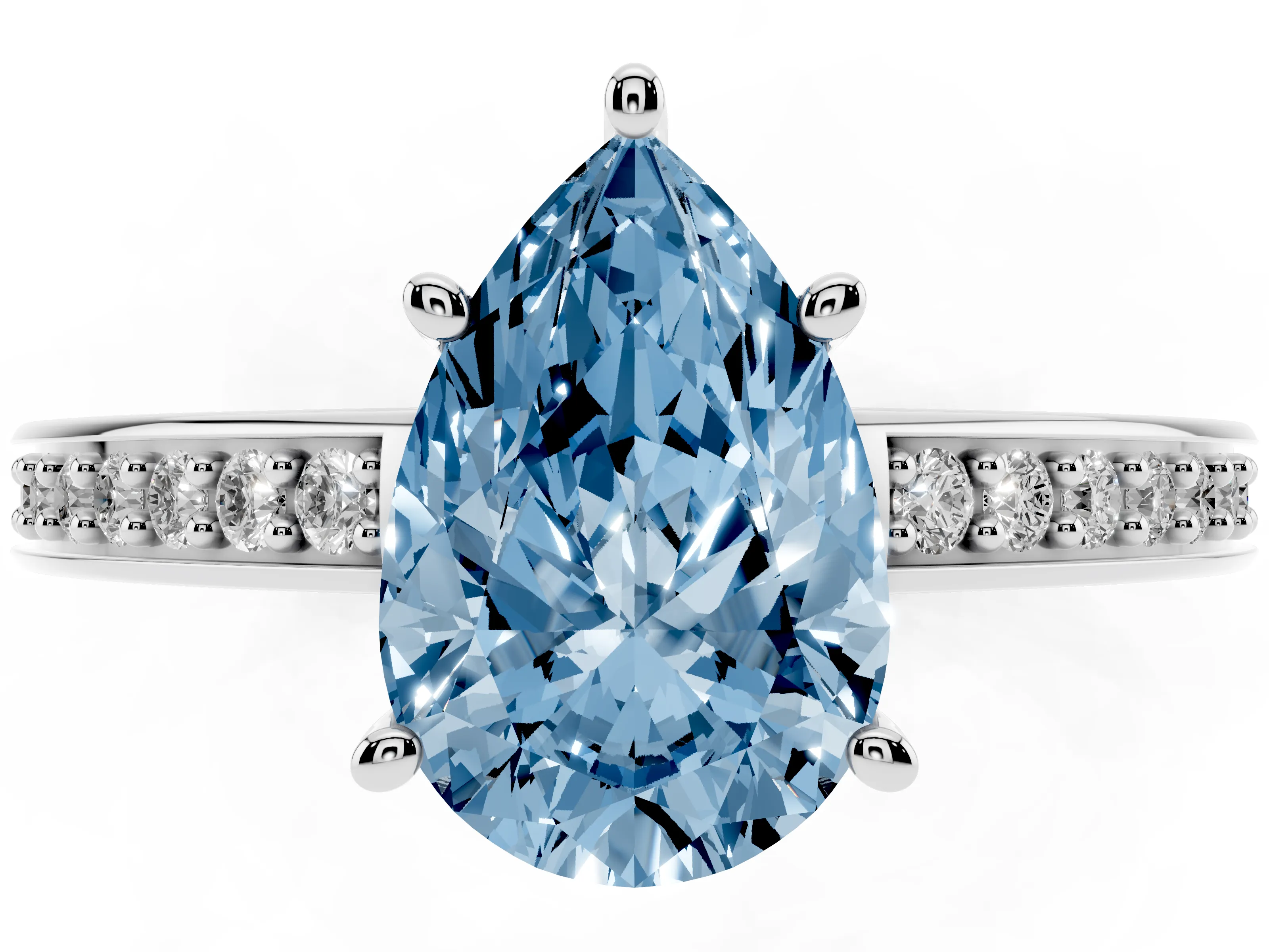 Fancy Blue Pear Cut Diamond Pavé Band Prong Set Solitaire Ring Set in White gold