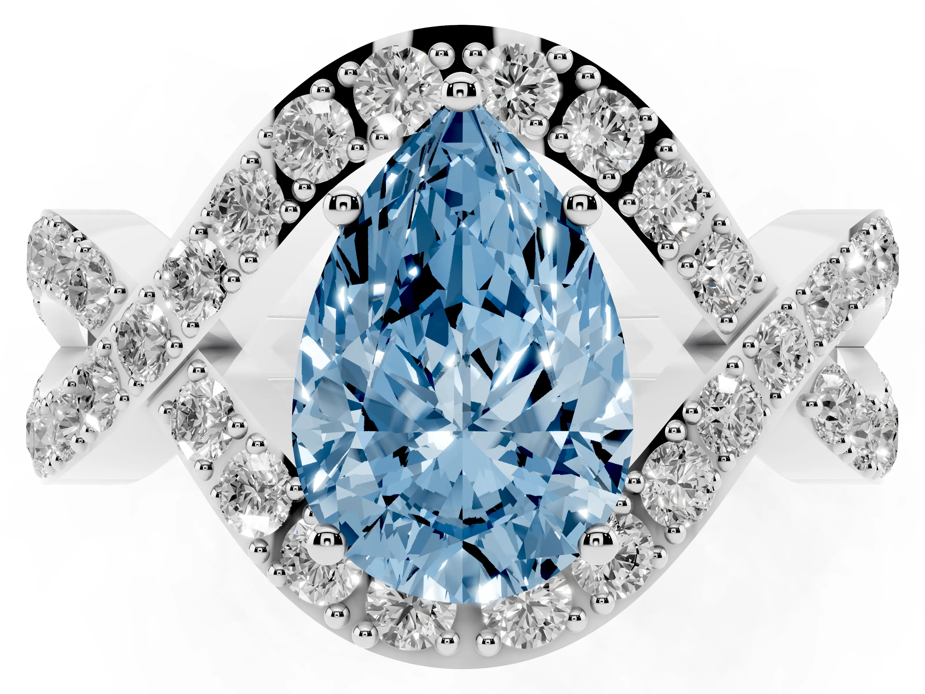 Fancy Blue Pear Cut Diamond Solitaire Twist Band Pavé Engagement Ring Set in White gold