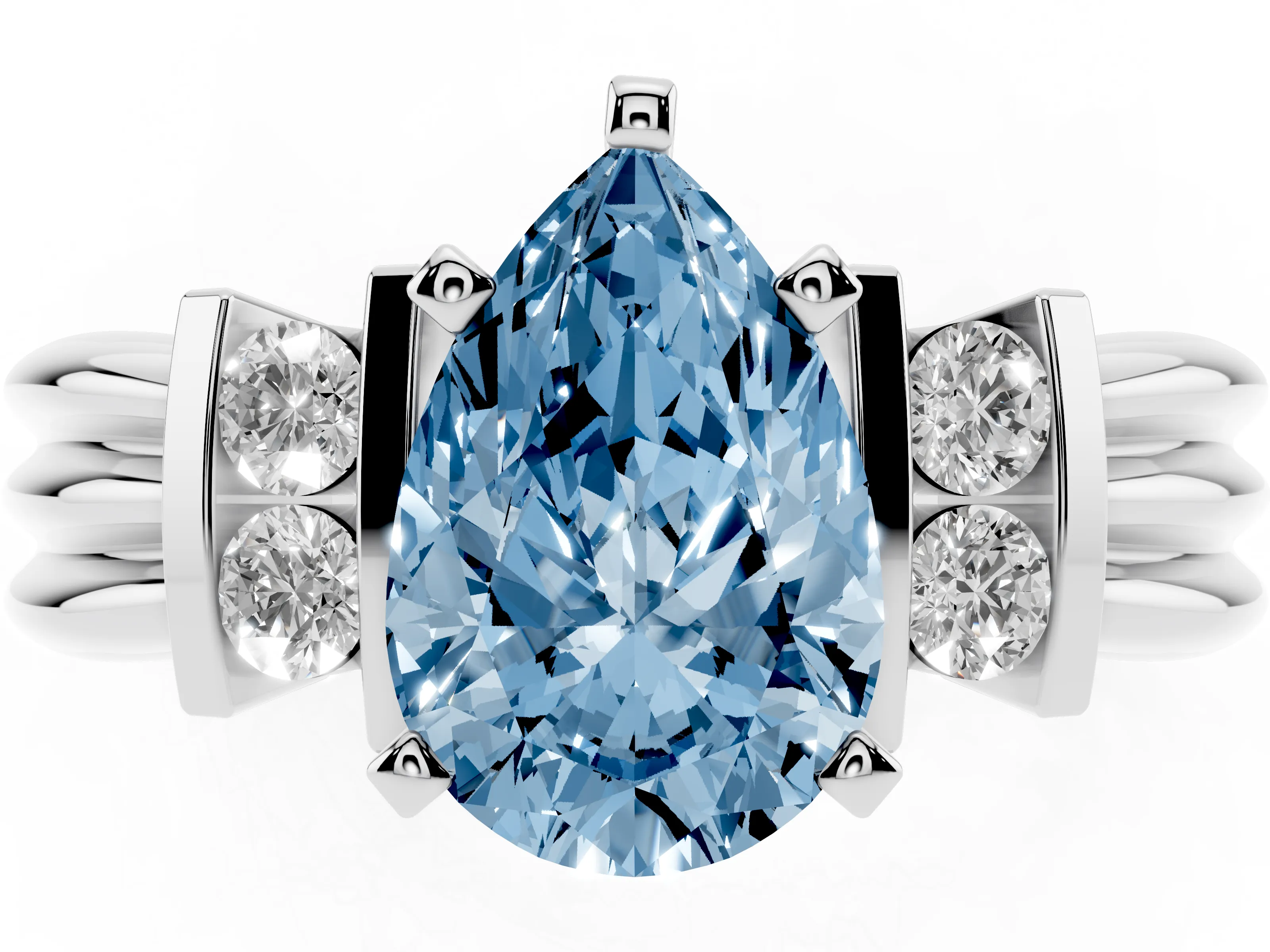 Fancy Blue Three-Stone Pear Cut Diamond Channel Set Ring Set in Silver with Bar Prongs