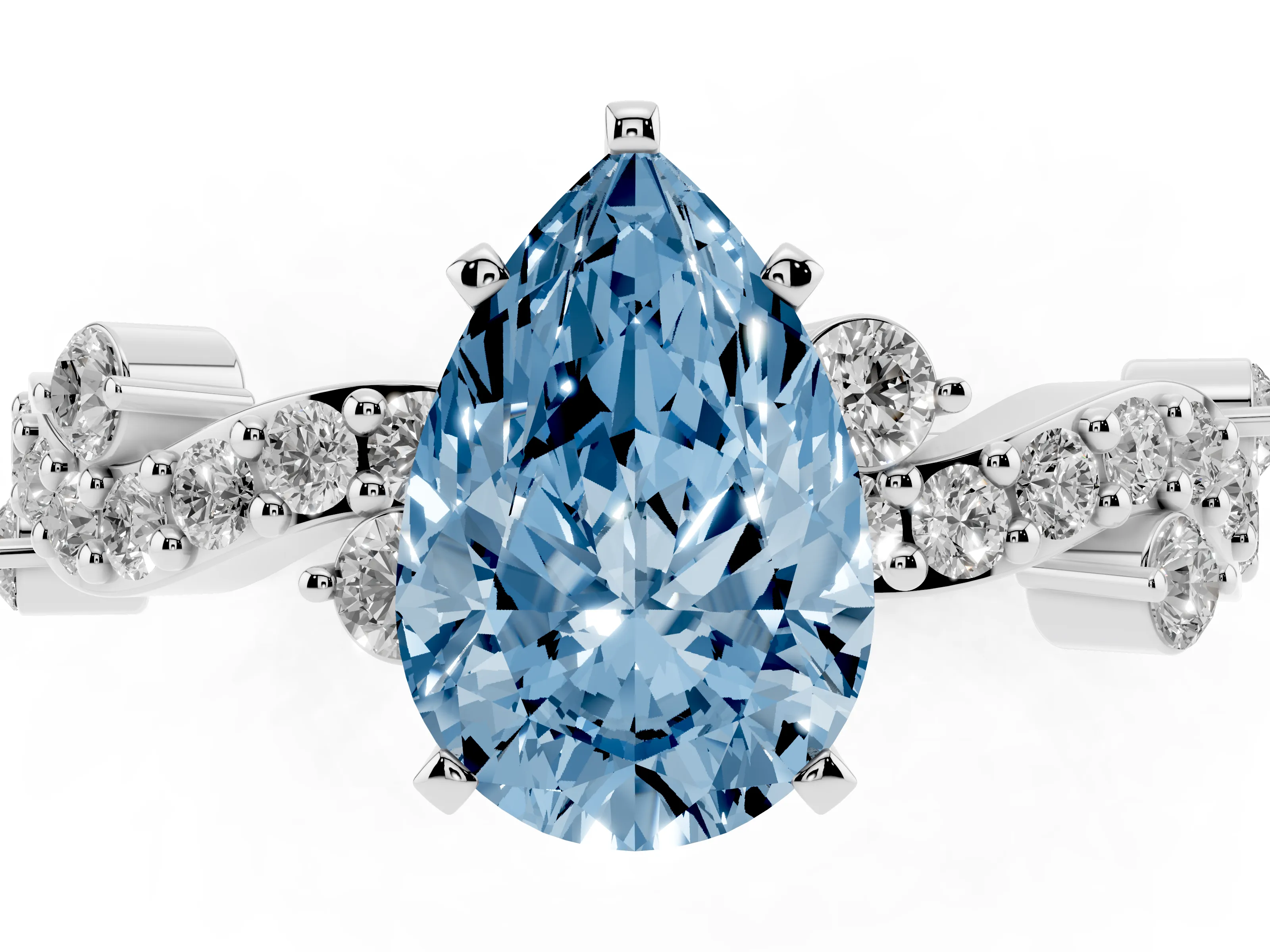 Fancy Blue Pear Cut Diamond Solitaire Twisted Band Set in Silver with Pavé Setting