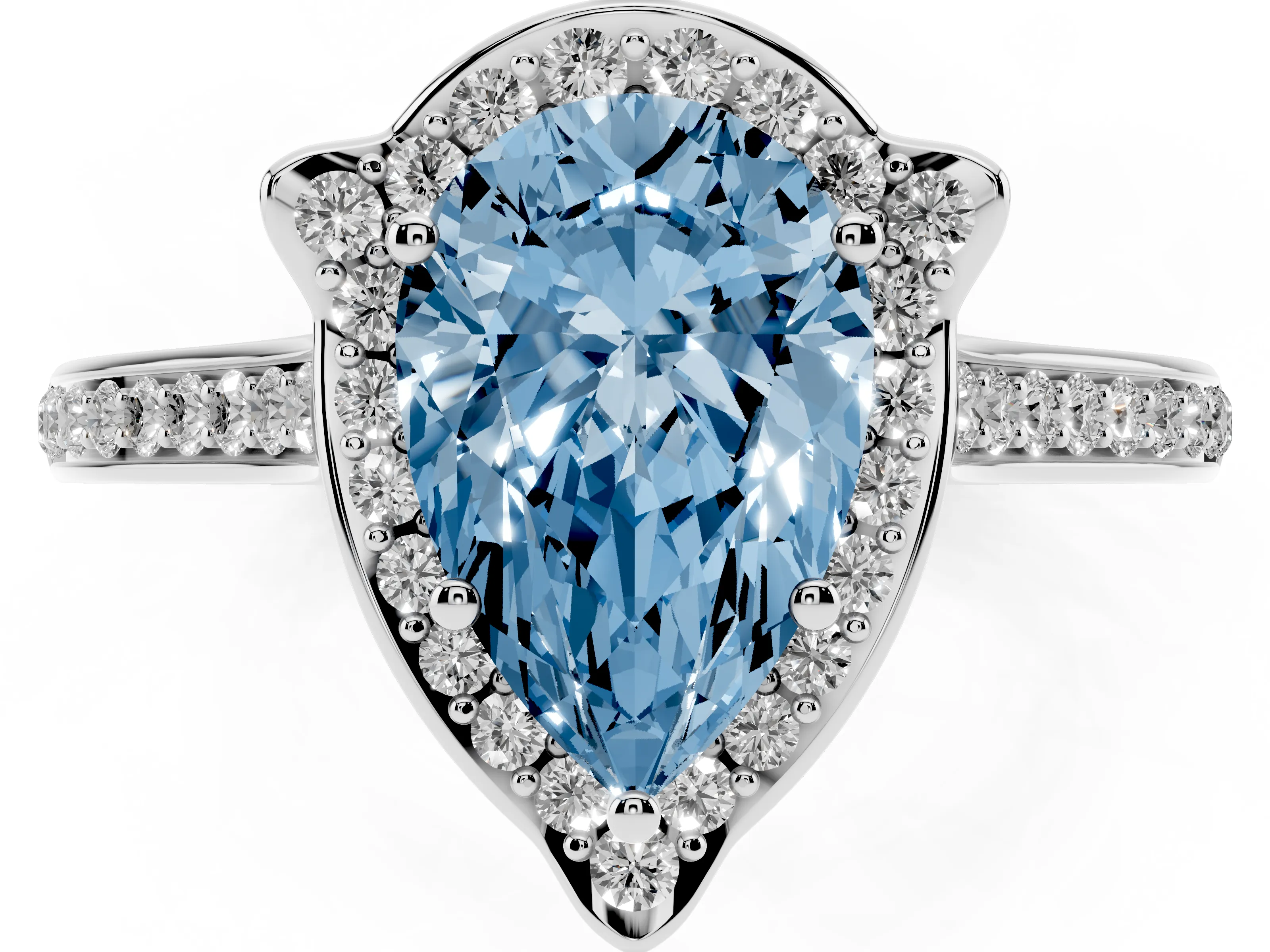 Fancy Blue Pear Cut Diamond Halo Ring Set in White gold with Pavé-Lined Shoulders and Prong Setting