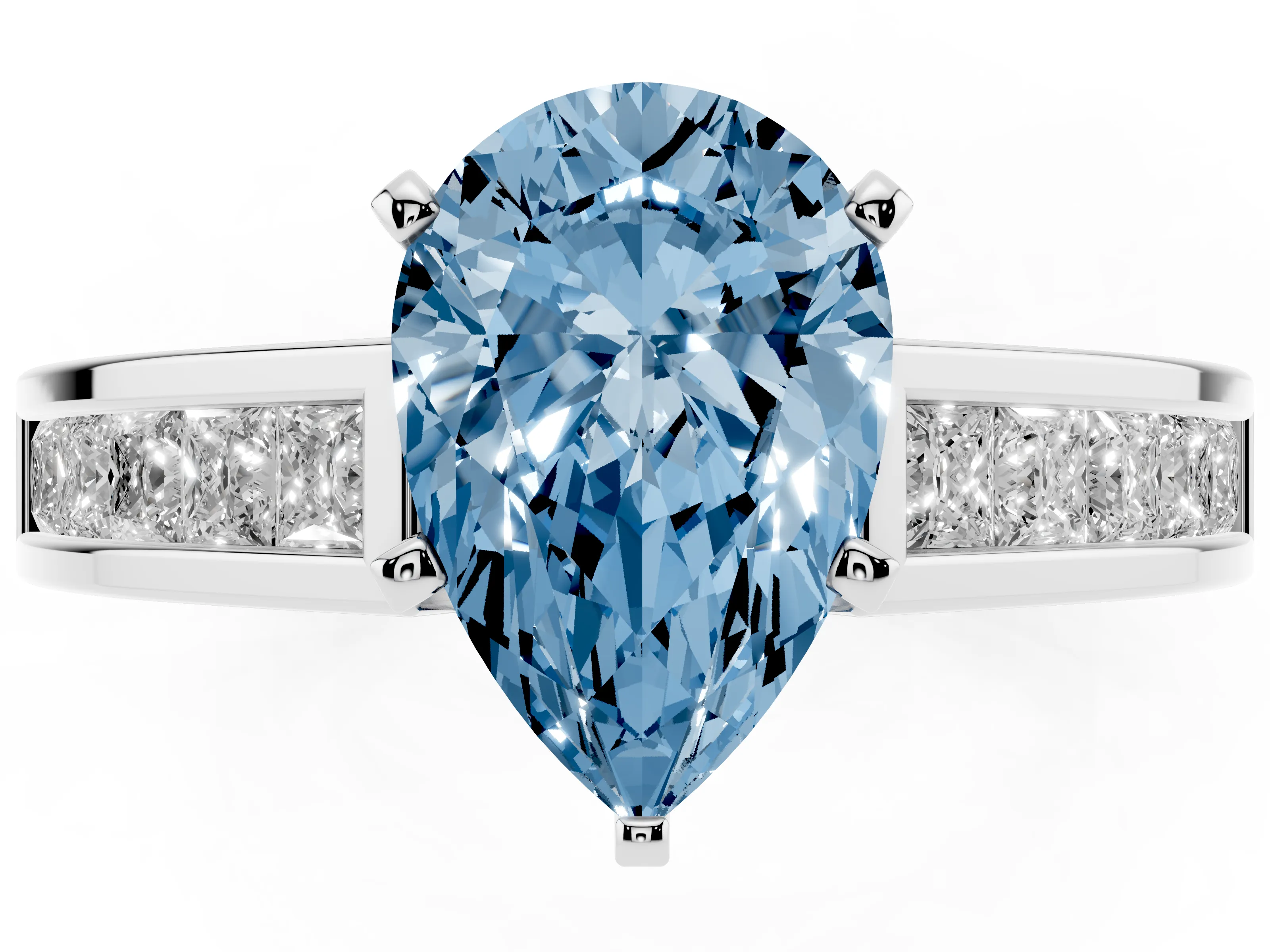 Fancy Blue Pear Cut Diamond Solitaire Ring Set in Silver with Channel-Set Band and Prong Setting