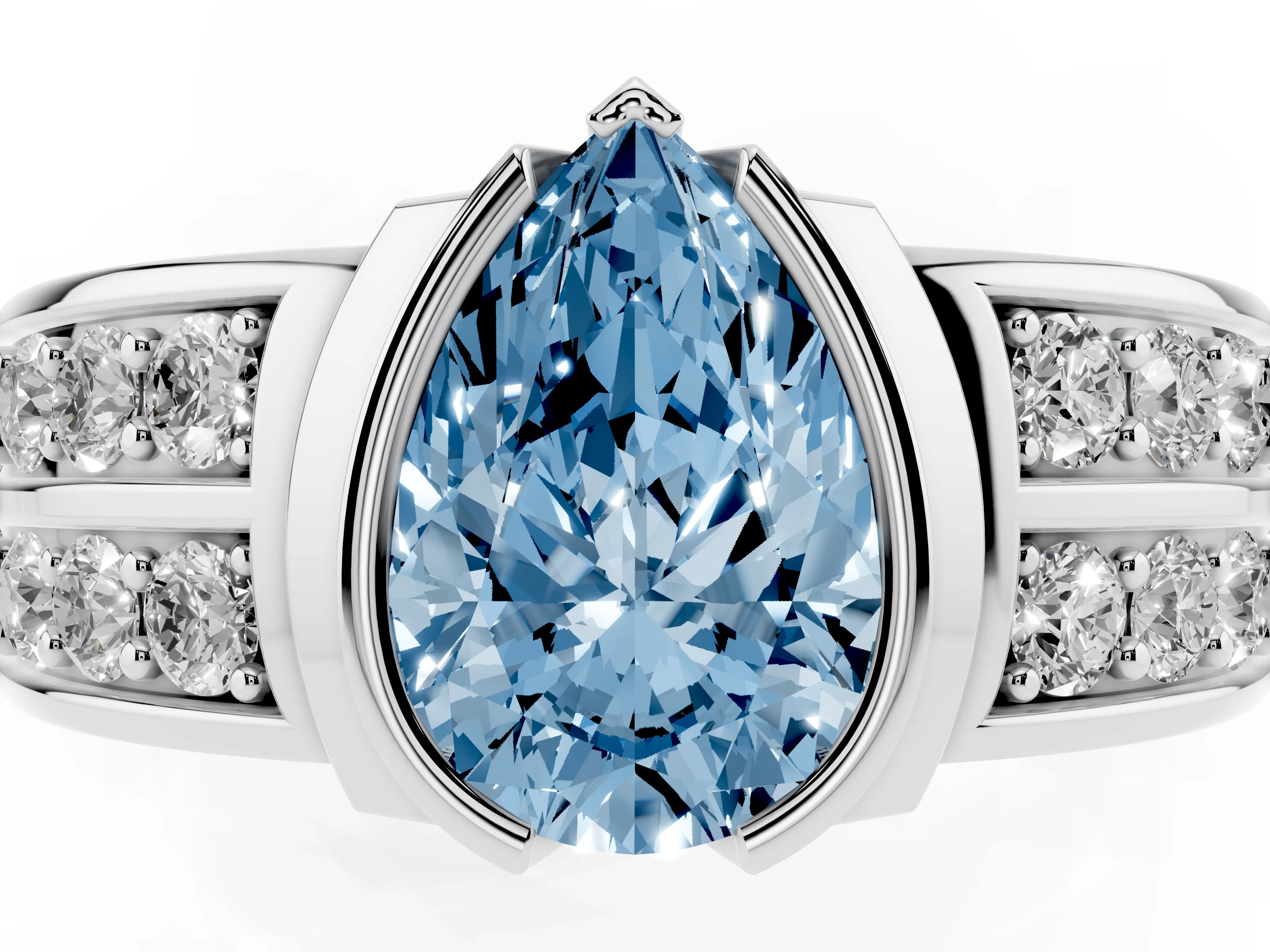 Fancy Blue Pear Cut Diamond Wide Channel Set Band Ring Set in Silver with Bezel Setting