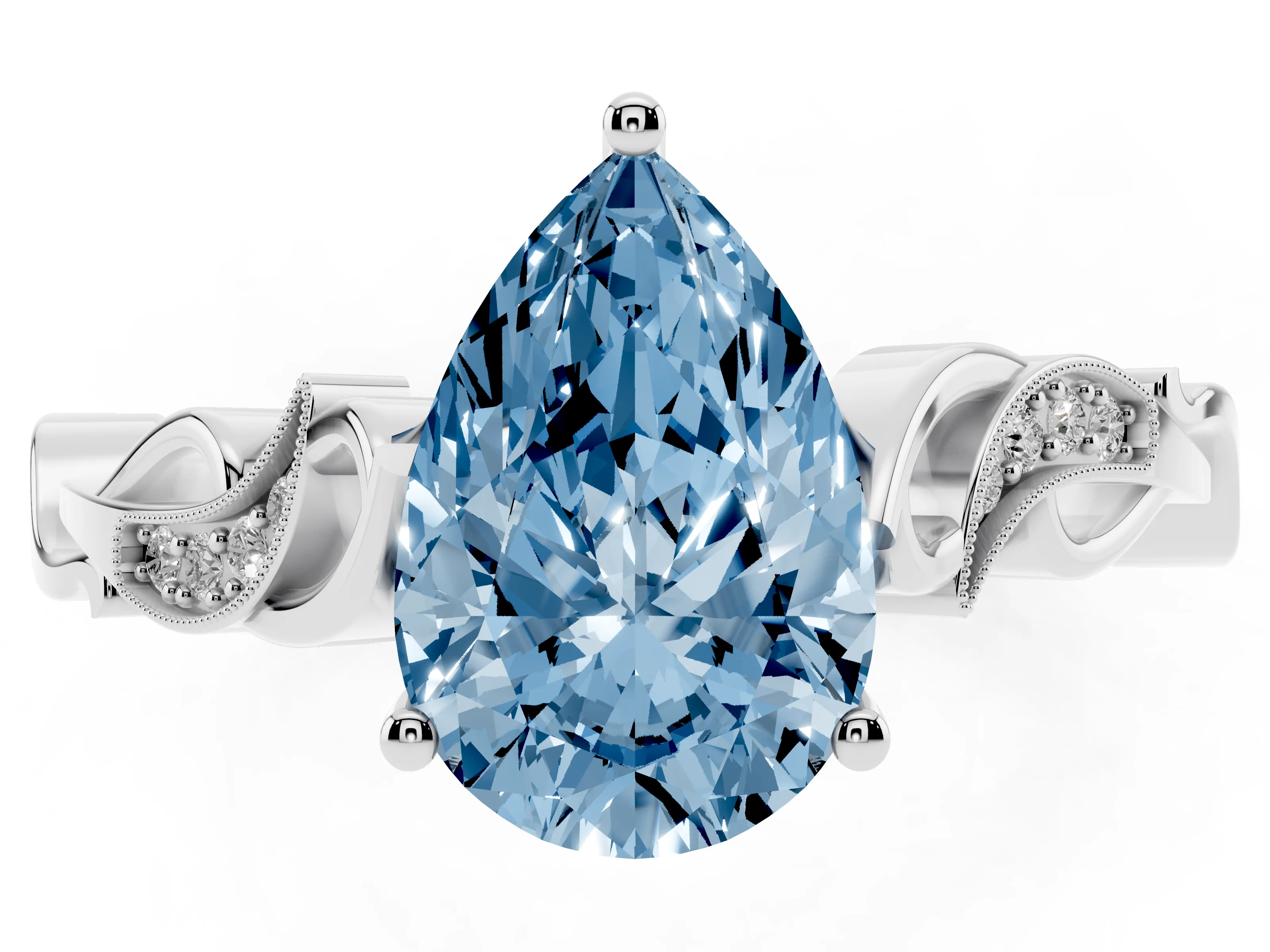 Fancy Blue Pear Cut Diamond Vine Band Solitaire Ring Set in Silver with Milgrain Prong Setting