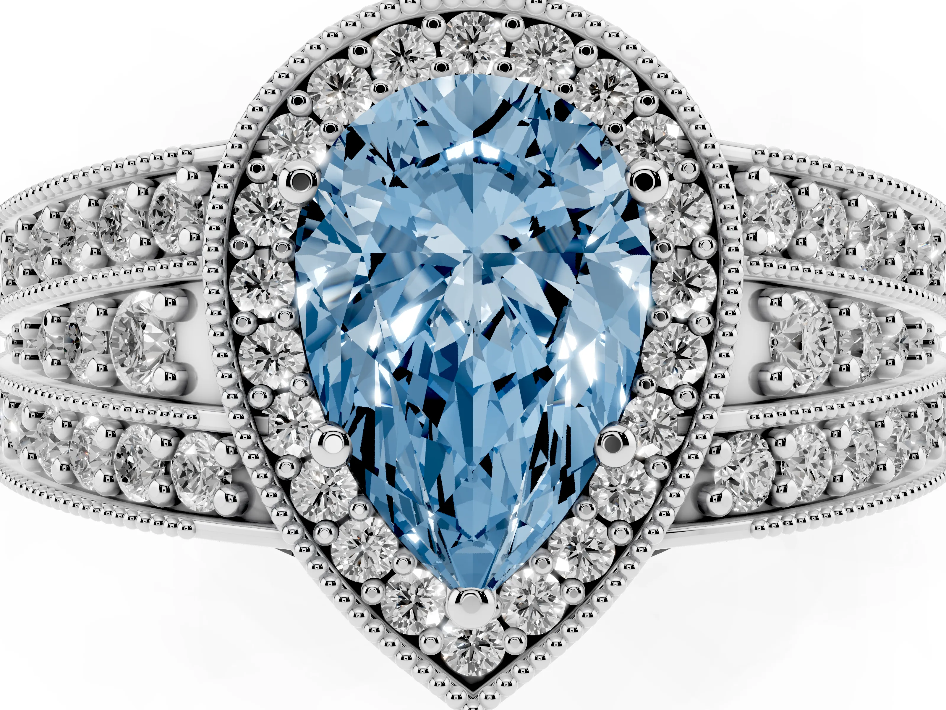 Fancy Blue Pear Cut Diamond Halo Ring Set in Platinum with Accent Split Shank and Prong Setting
