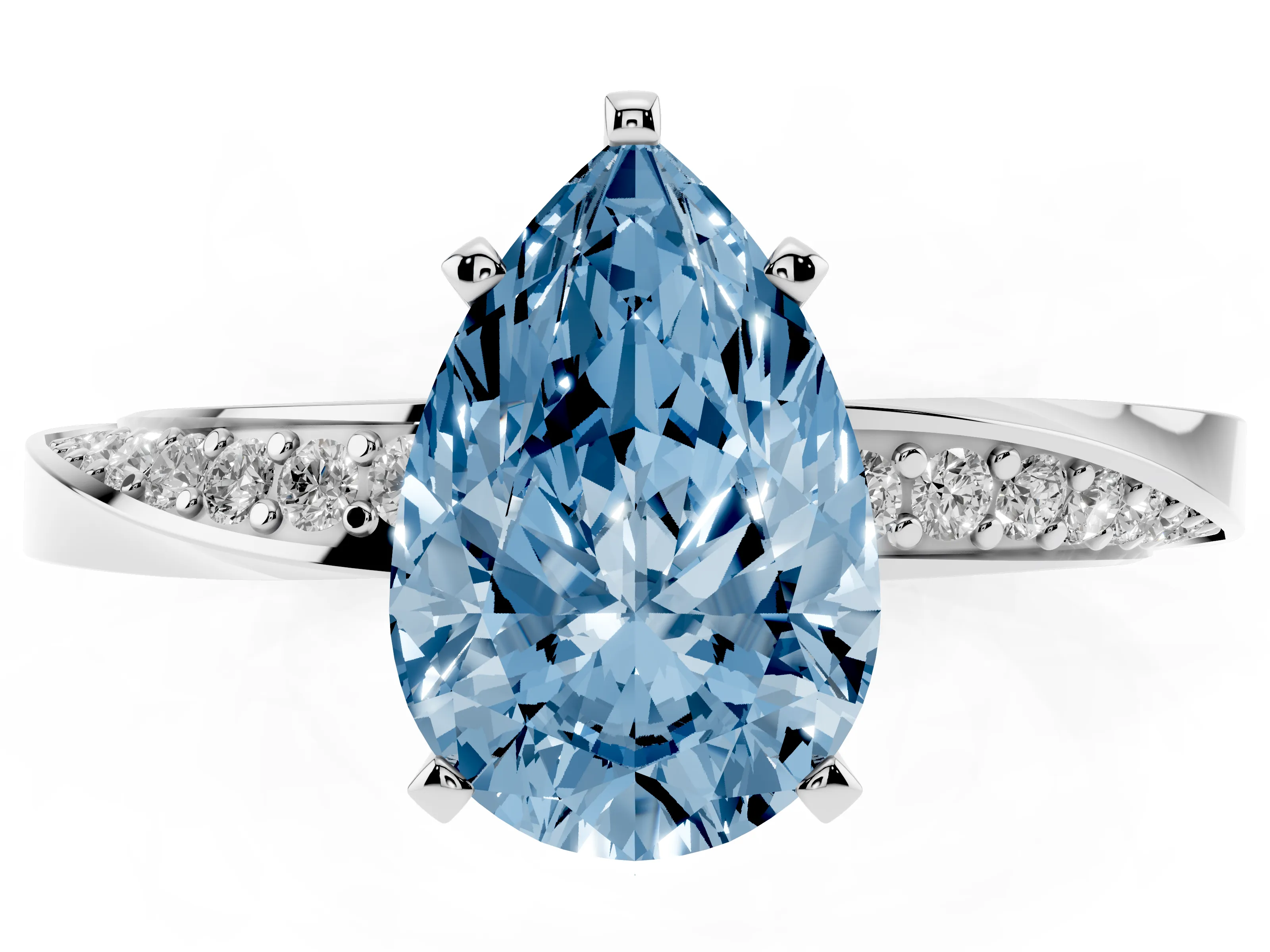 Fancy Blue Pear Cut Diamond Engagement Ring Set in Platinum with Side Stone Accents and Prong Setting