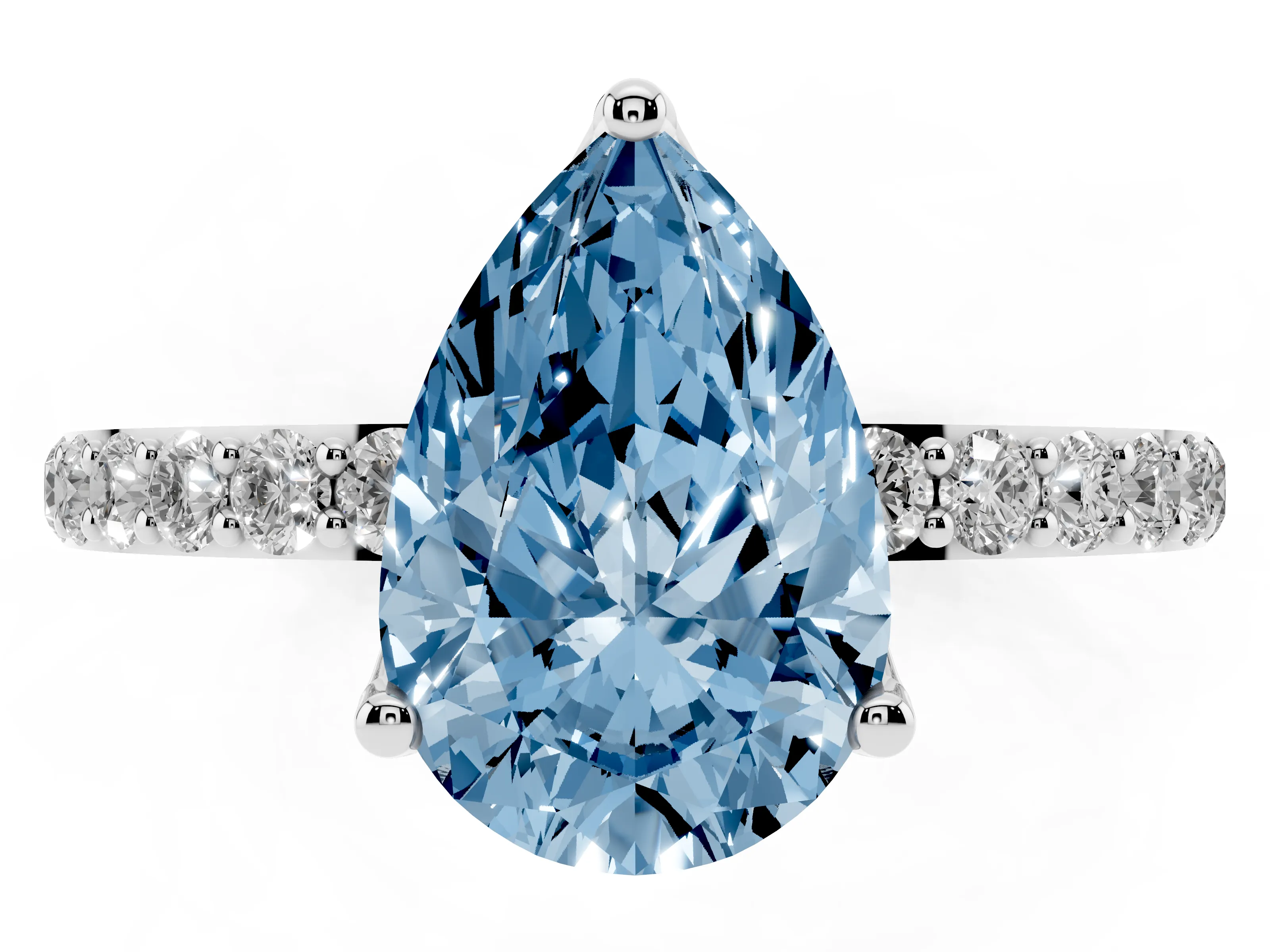 Fancy Blue Pear Cut Diamond Solitaire Engagement Ring Set in Silver with Round Pavé Band and Prong Setting
