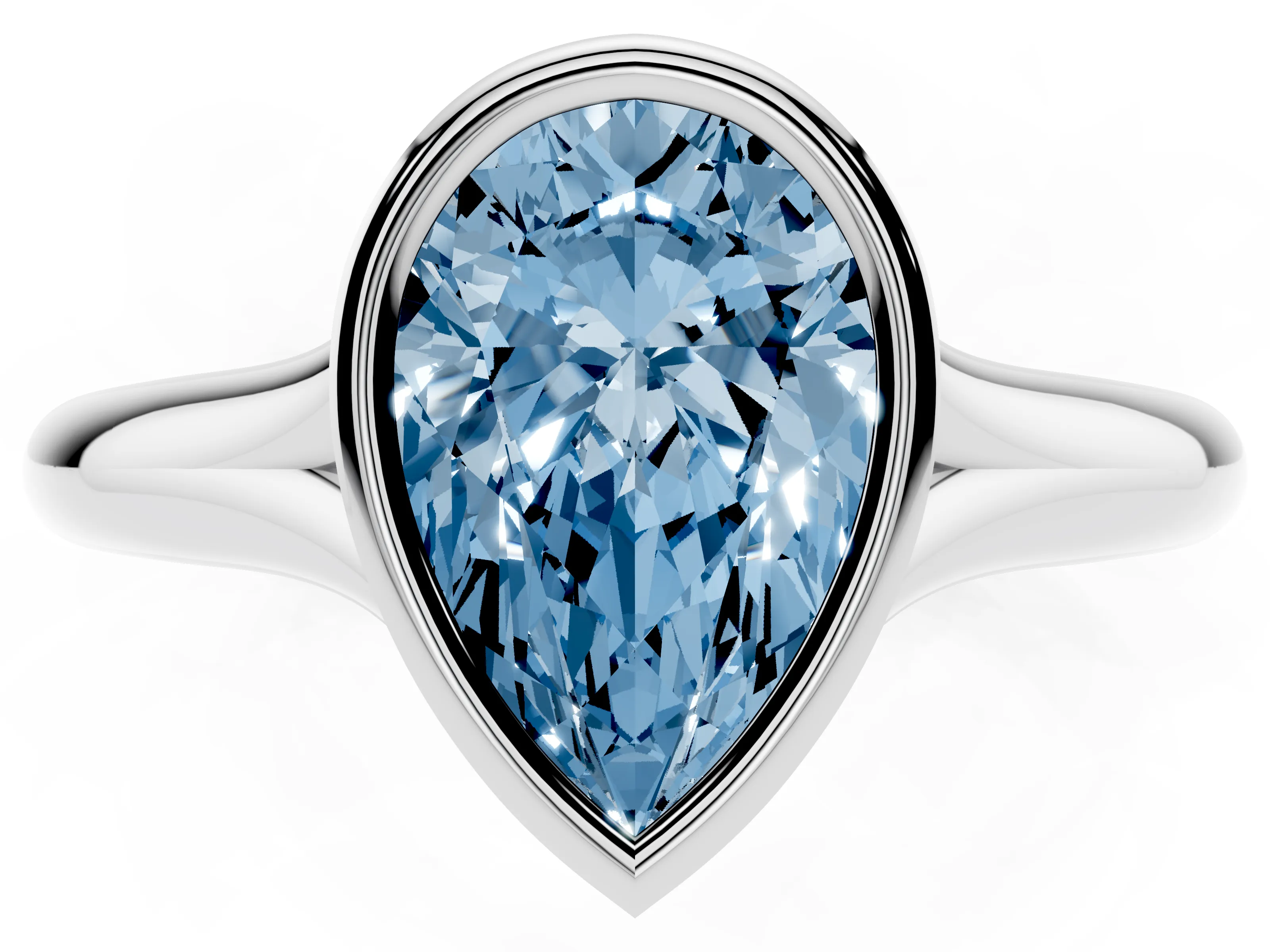 Fancy Blue Bezel Set Pear Cut Diamond Solitaire Ring Set in Platinum with Smooth Band