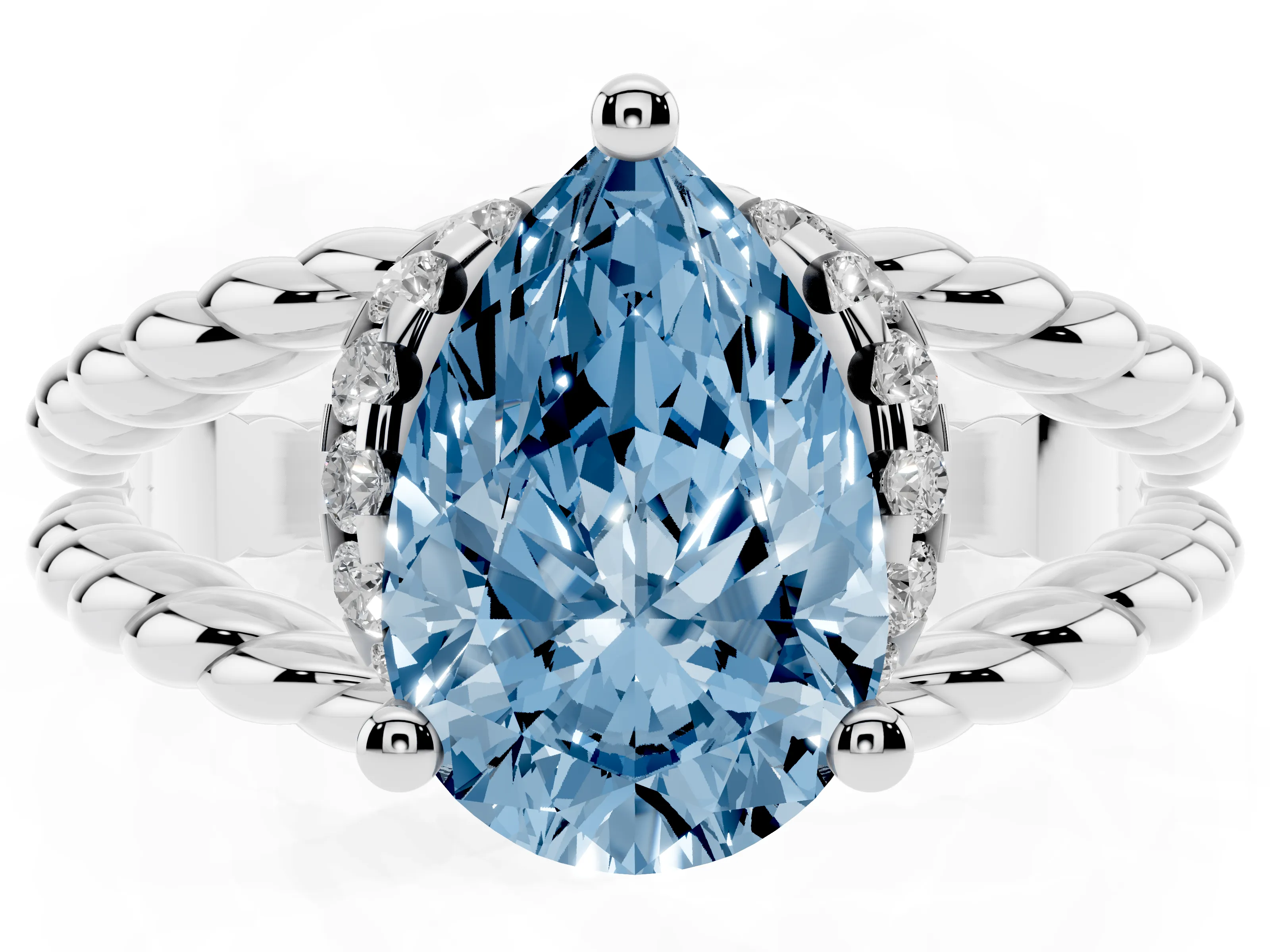 Fancy Blue Pear Cut Diamond Halo Ring Set in White gold with Twisted Band and Prong Setting
