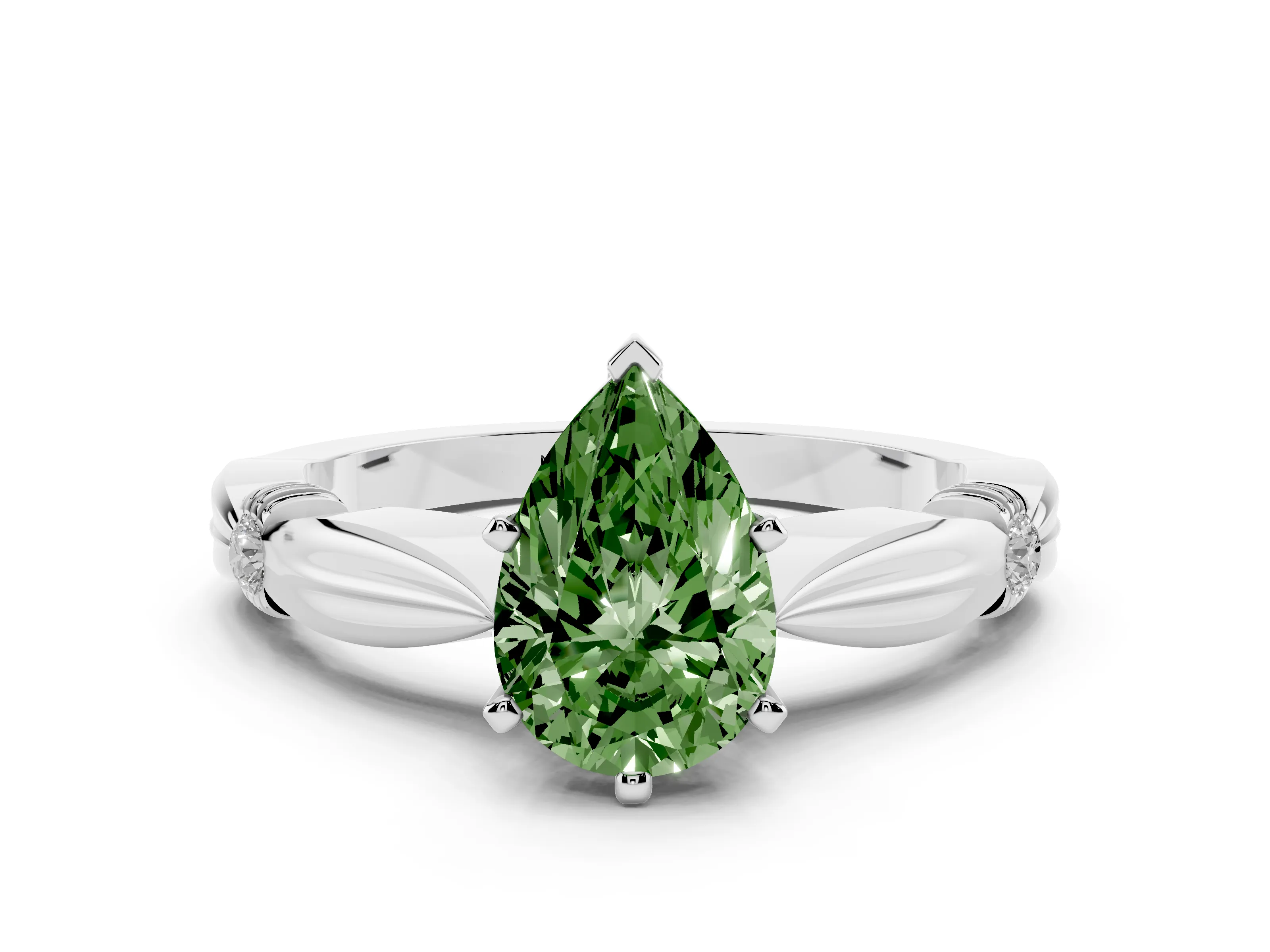 Fancy Green Pear Cut Diamond Solitaire Twisted Band Ring Set in Platinum with Accent Stones and Prong Setting