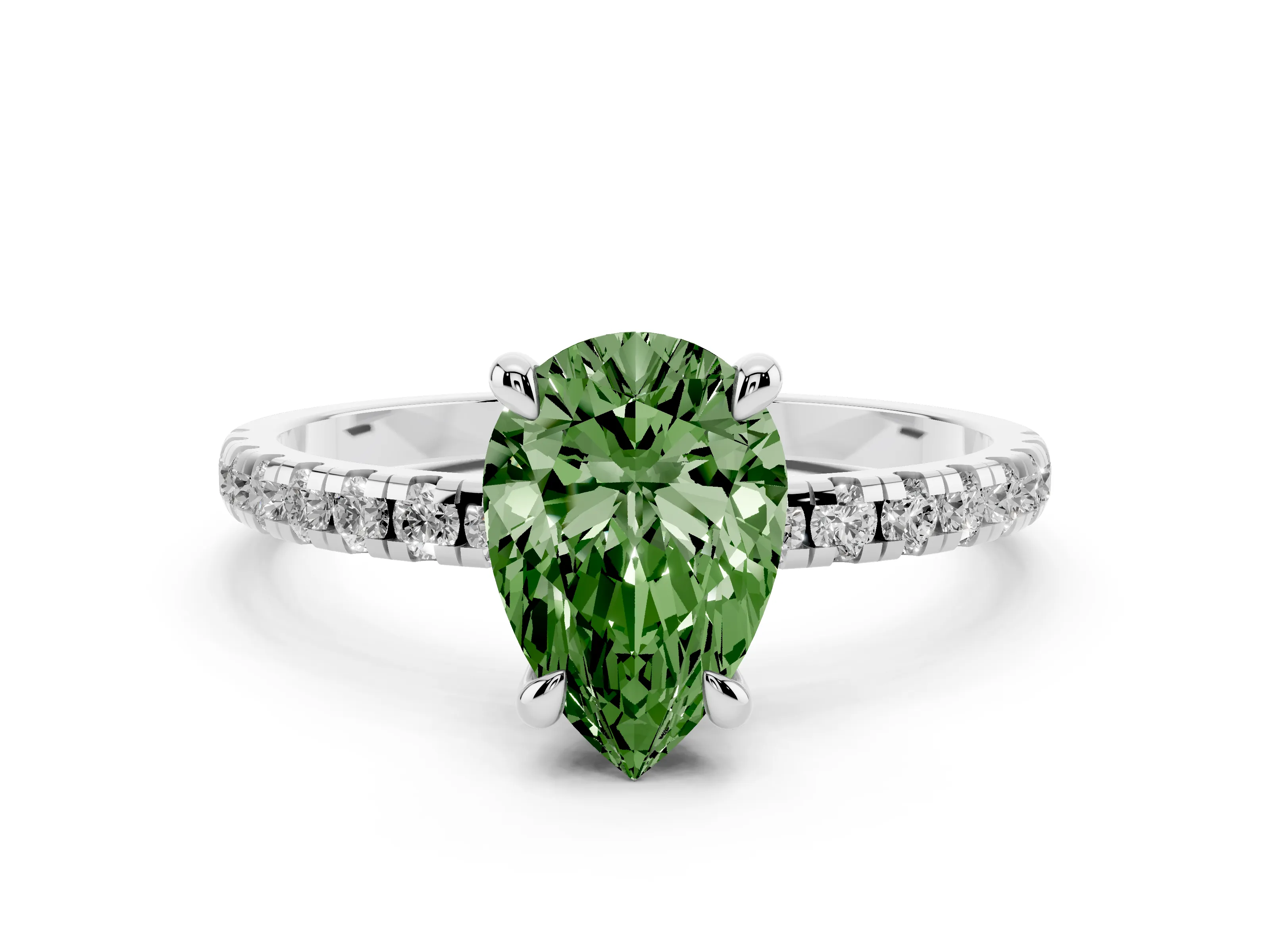 Fancy Green Pear Cut Diamond Brilliant Solitaire Ring Set in White gold with Pavé Band and Prong Setting
