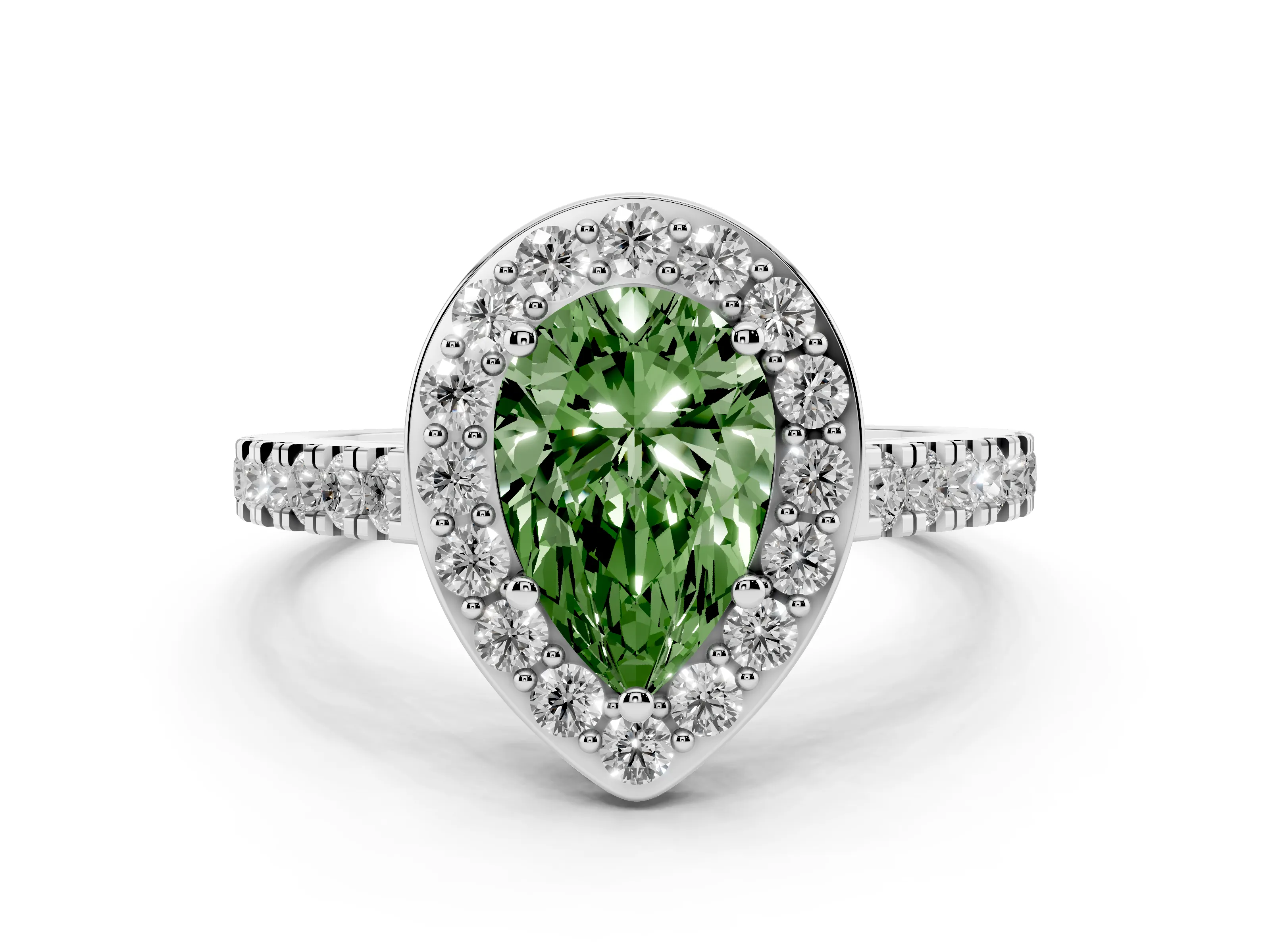Fancy Green Pear Cut Diamond Halo Ring Set in White gold with Round Pavé Split Shank and Prong Setting