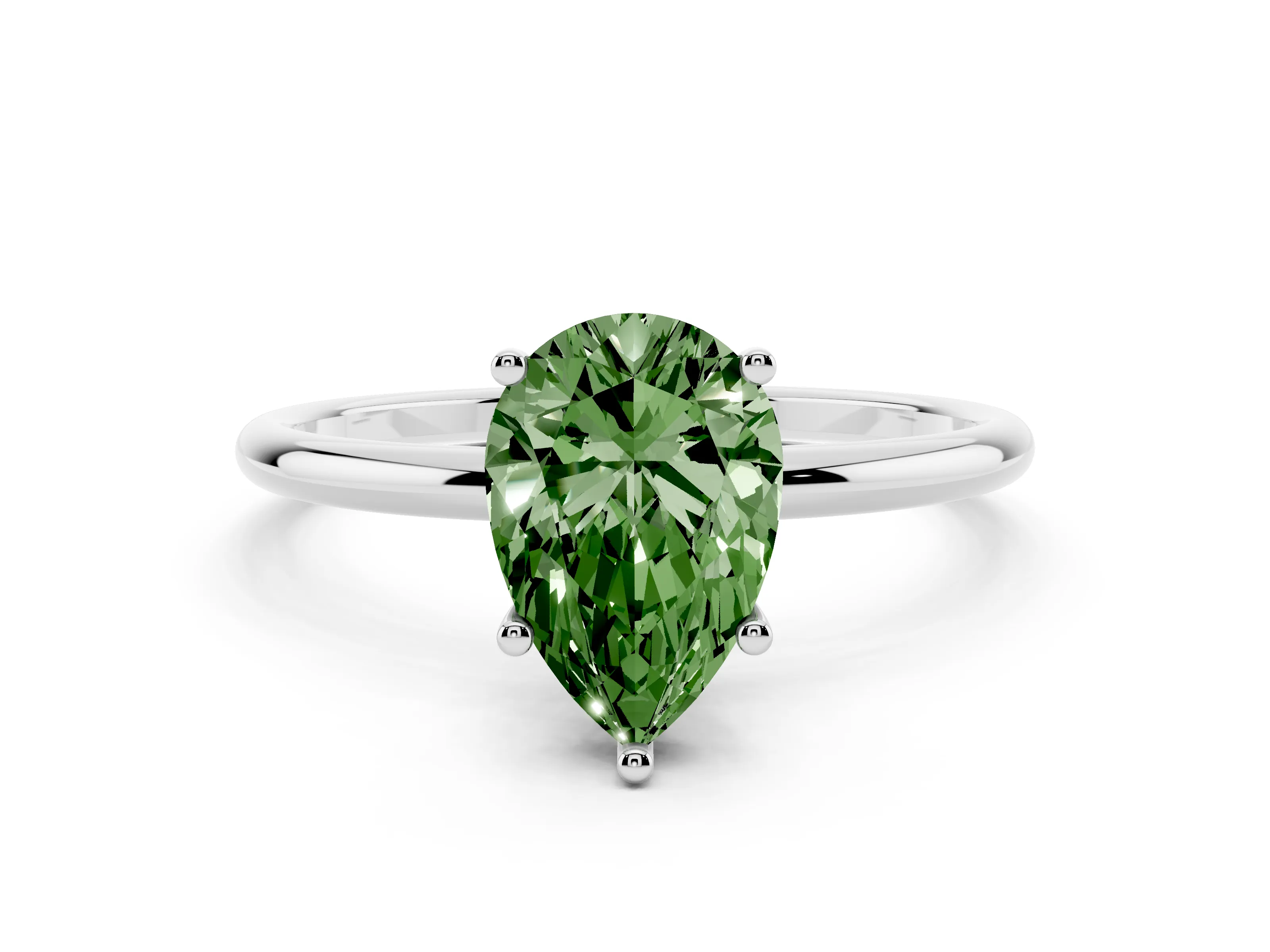 Fancy Green Pear Cut Diamond Solitaire Engagement Ring Set in Platinum with Thin Band and Prong Setting