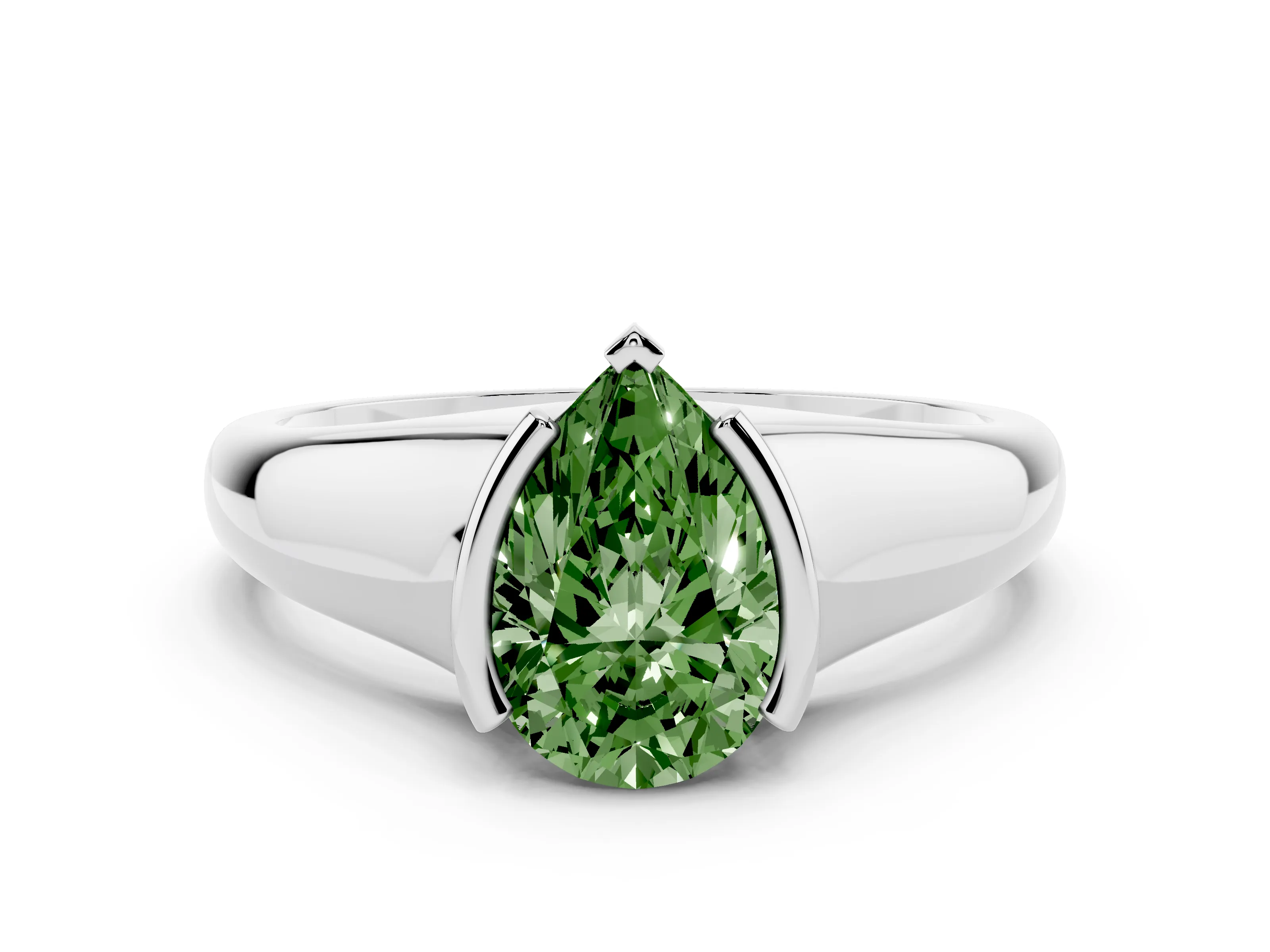 Fancy Green Pear Cut Diamond Solitaire Tension Set Ring Set in White gold with Split Shank Band