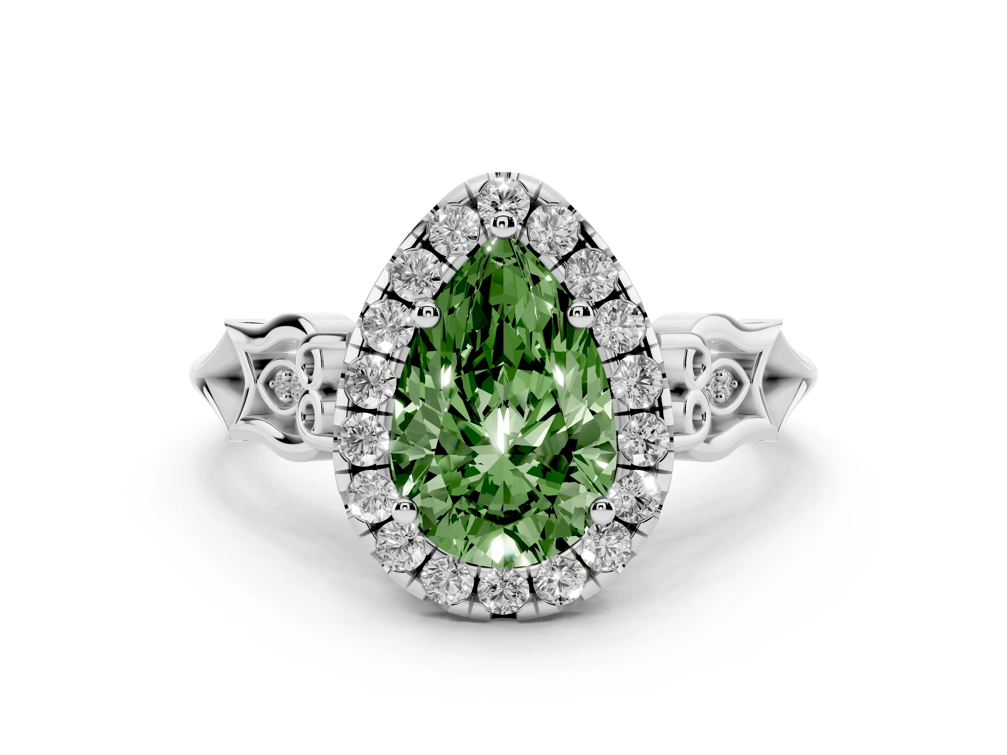 Fancy Green Pear Cut Diamond Halo Engagement Ring Set in Platinum with Filigree Band and Prong-Set Center