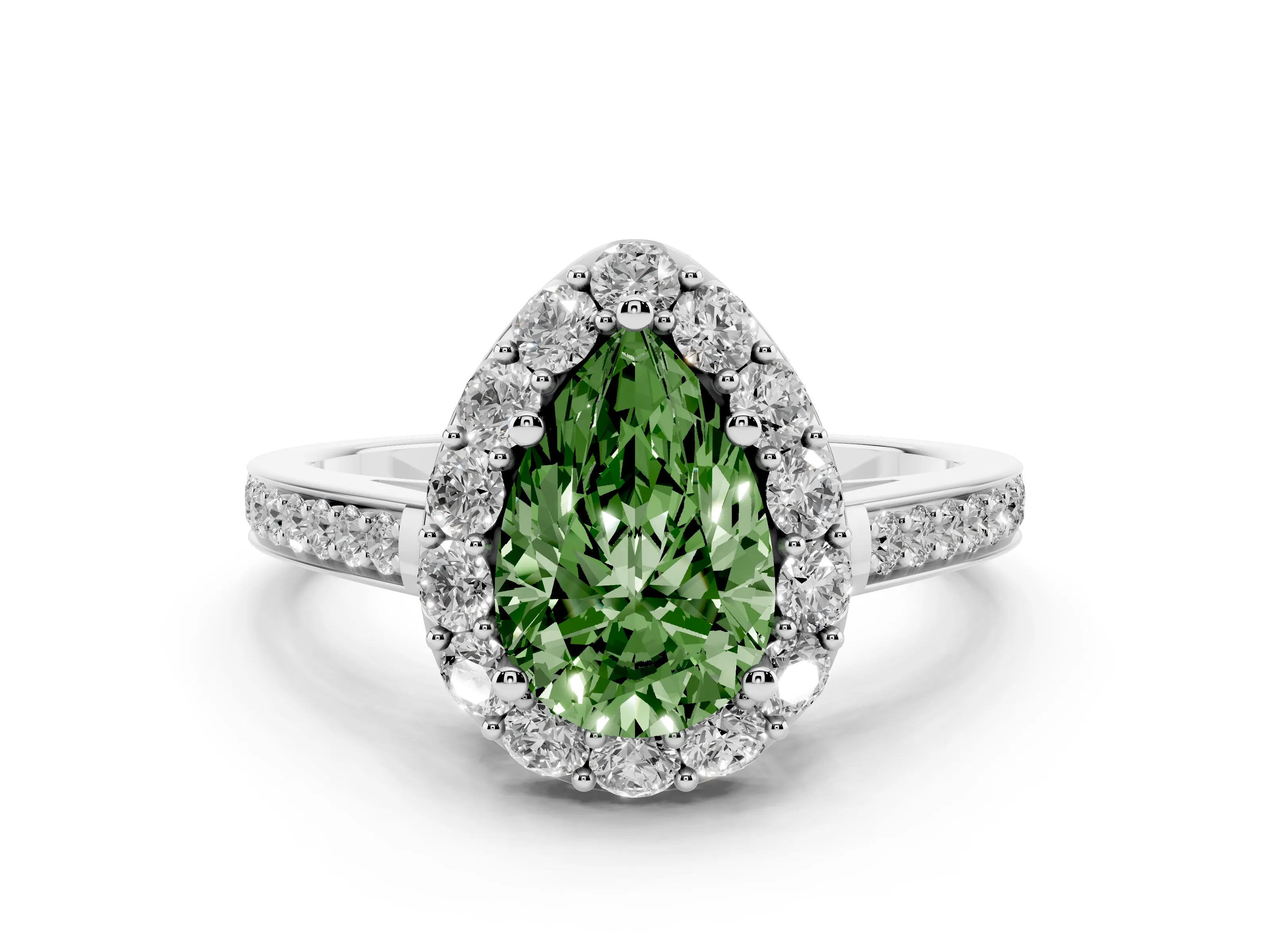Fancy Green Pear Cut Diamond Floral Halo Ring Set in White gold with Pavé Band and Prong Setting