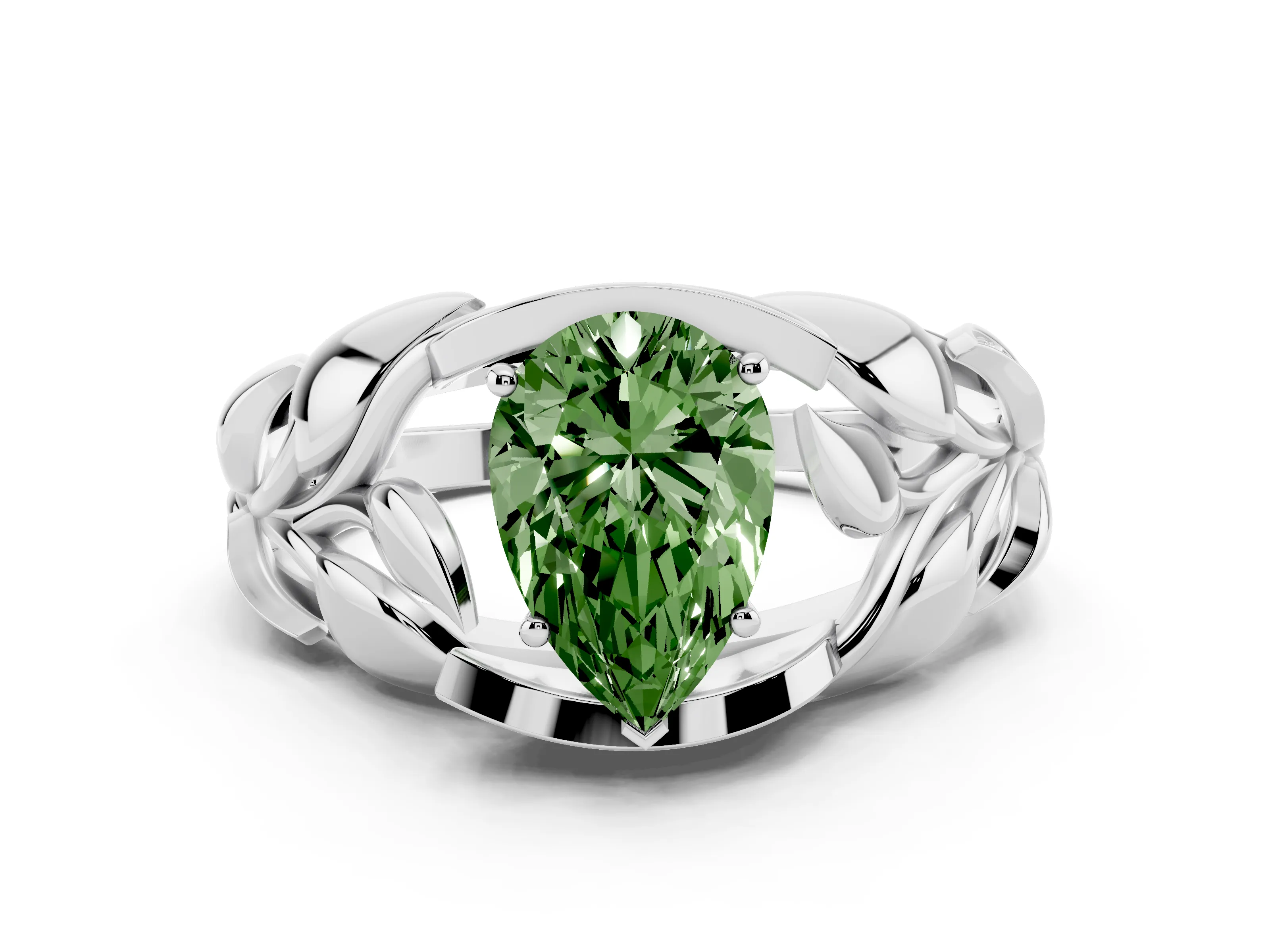 Fancy Green Pear Cut Diamond Leaf-Inspired Engagement Ring Set in Platinum with Round Accents