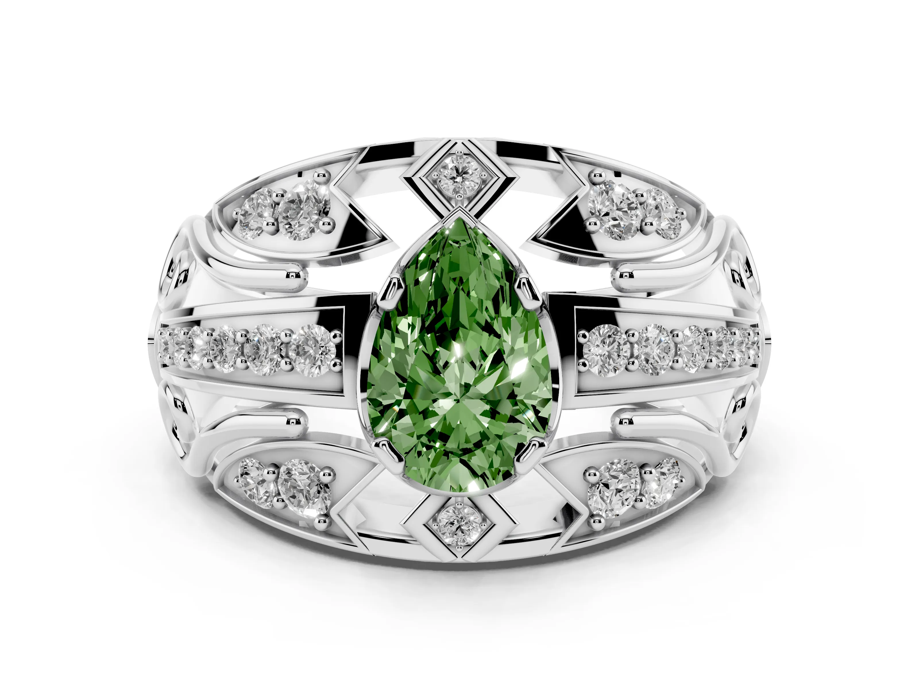 Fancy Green Pear Cut Diamond Art Deco Ring Set in White gold with Pavé Split Shank