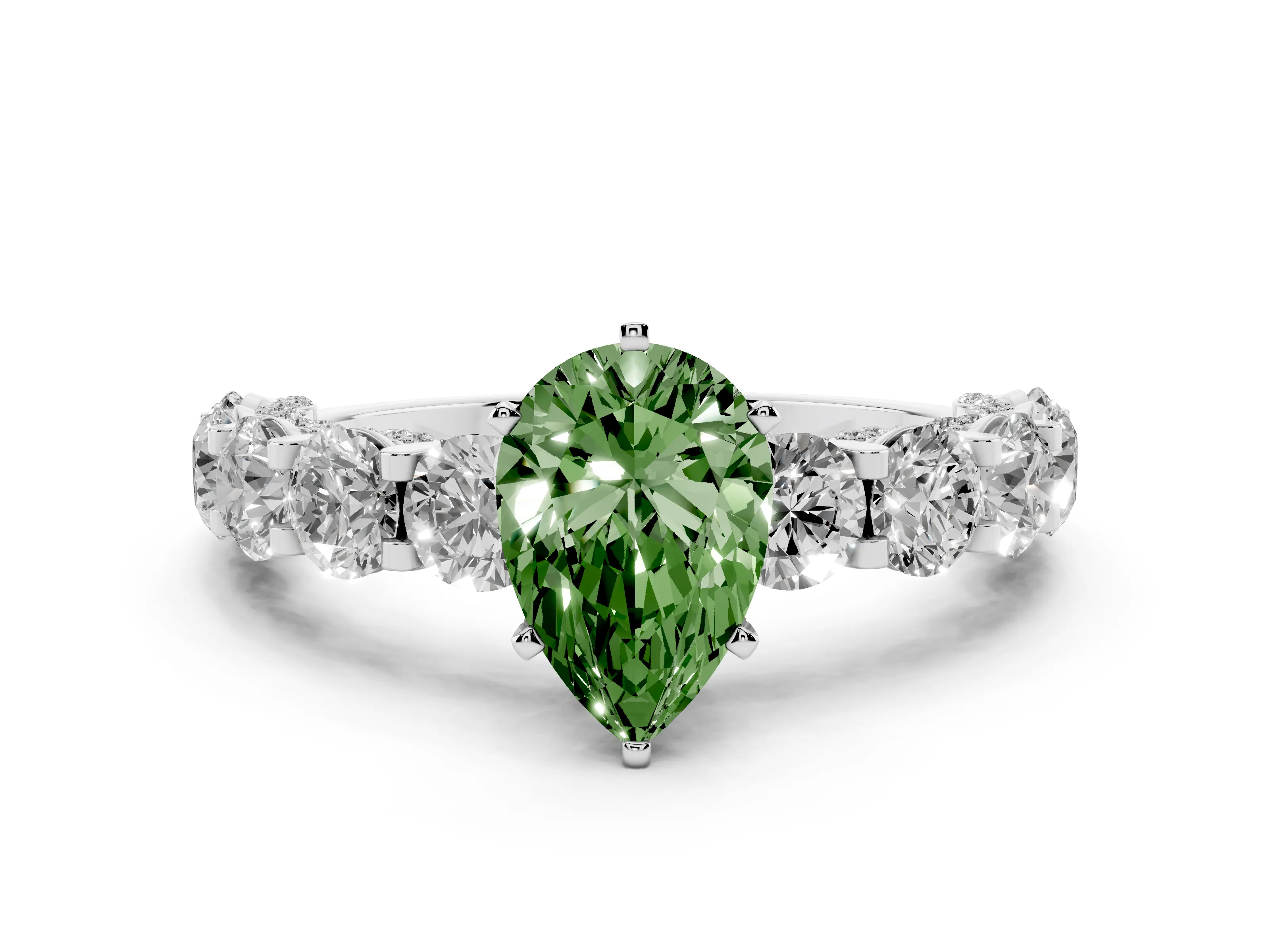 Fancy Green Pear Cut Diamond Side Stone Ring Set in Silver with Alternating Round and Oval Side Stones