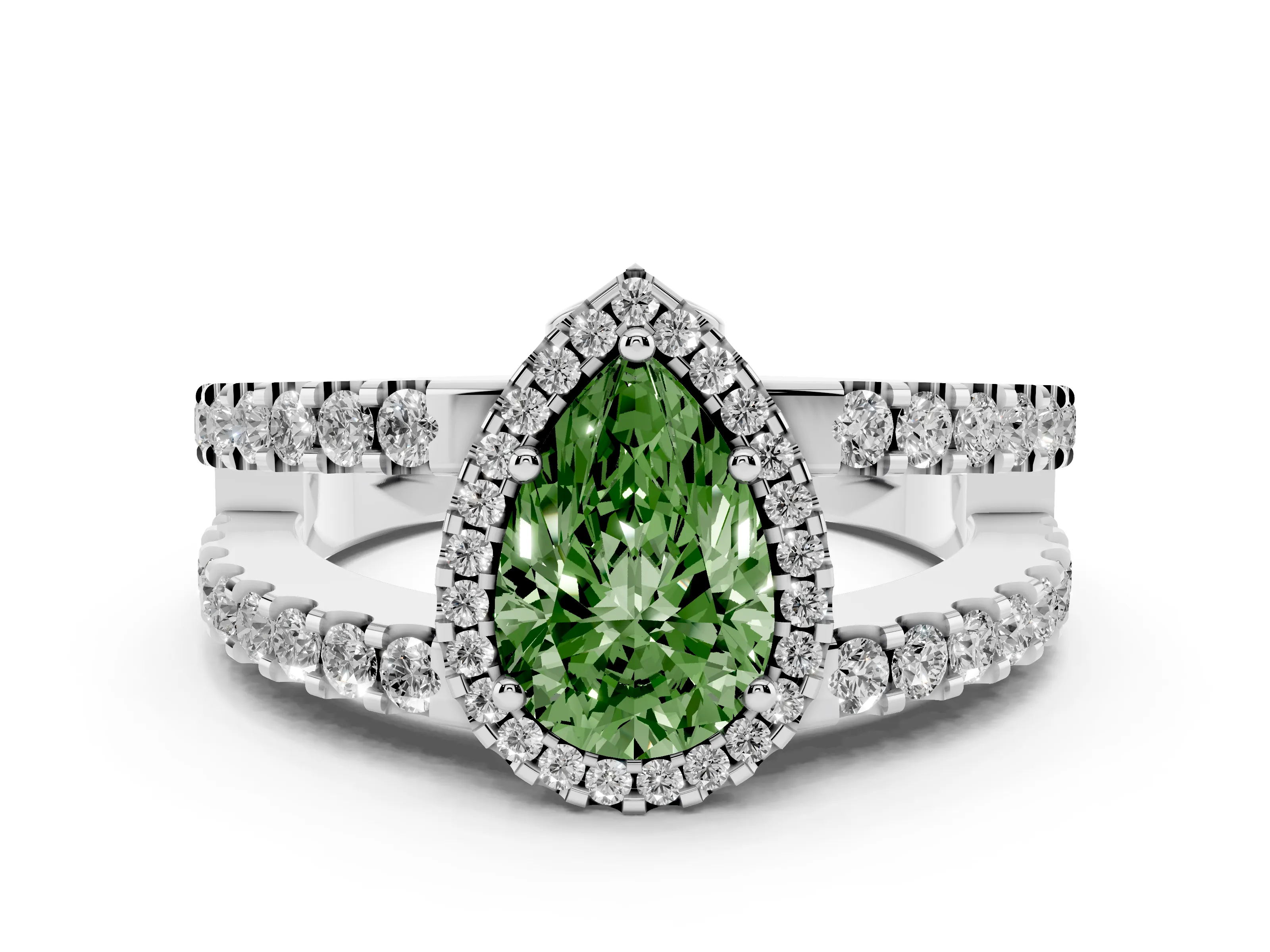 Fancy Green Pear Cut Diamond Halo Ring Set in Platinum with Pavé Split Shank and Prong Setting