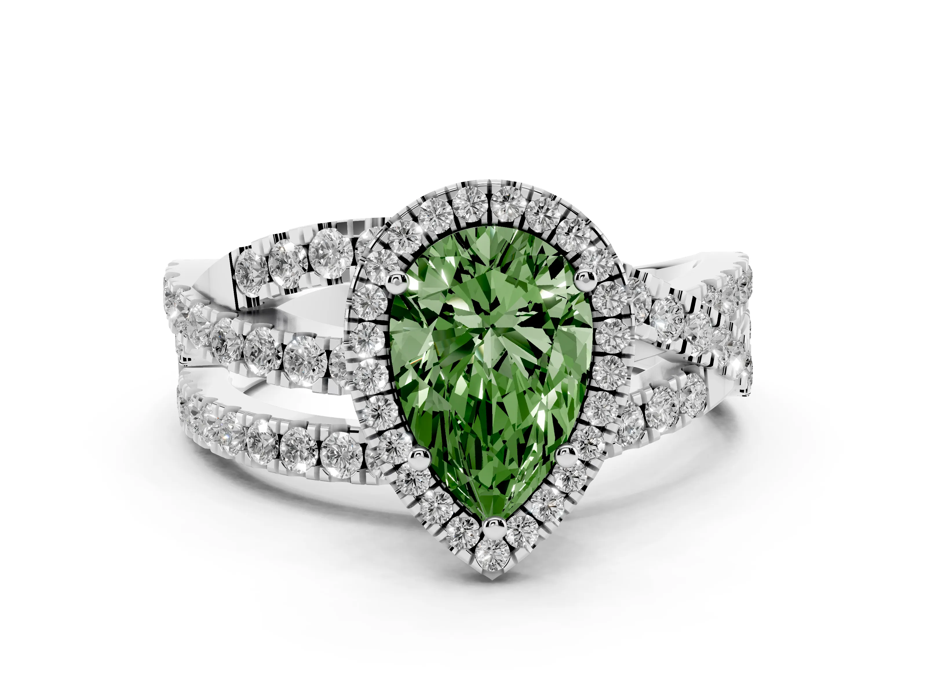 Fancy Green Pear Cut Diamond Halo Ring Set in Platinum with Round Crossover Split Shank and Prong Setting