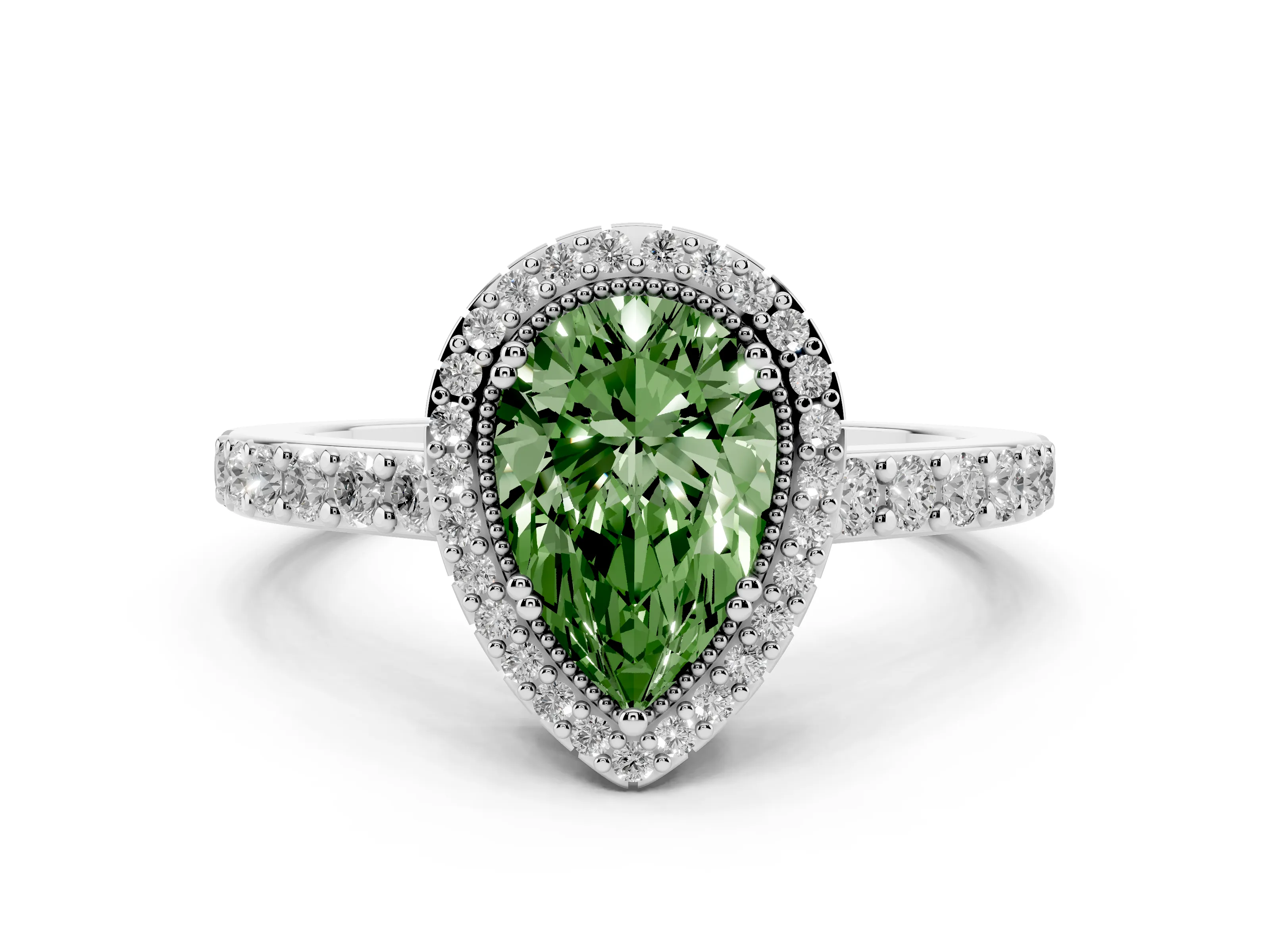 Fancy Green Pear Cut Diamond Halo Engagement Ring Set in Platinum with Milgrain Detail and Pavé Band