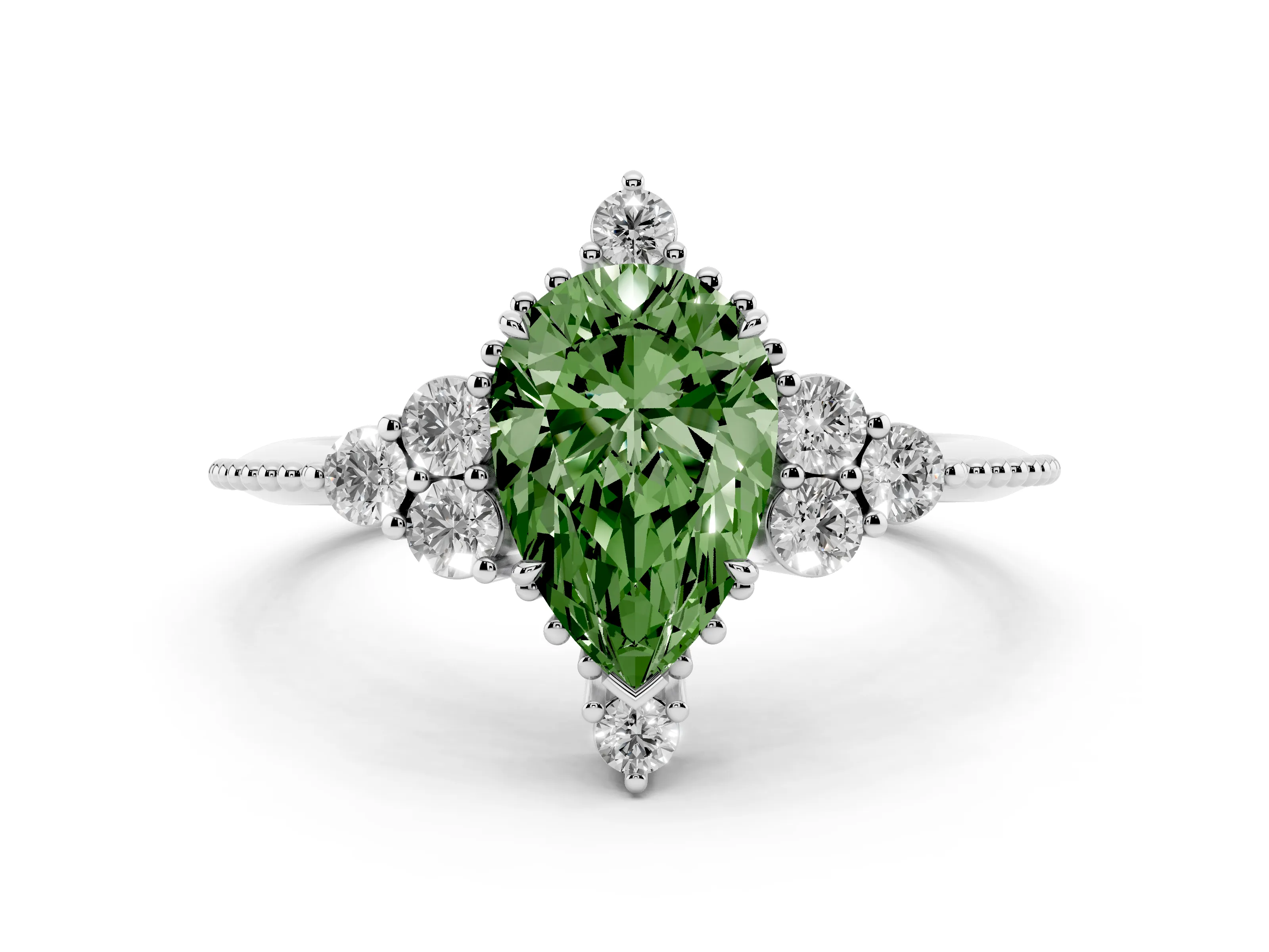 Fancy Green Pear Cut Diamond Cluster Ring Set in Silver with Beaded Band