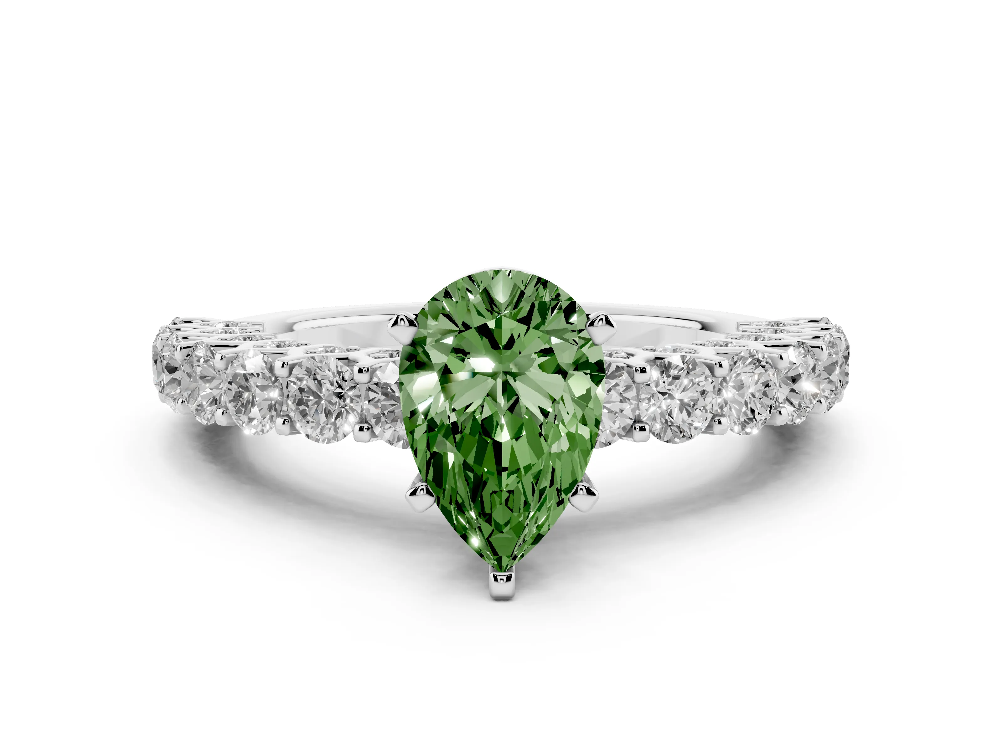 Fancy Green Pear Cut Diamond Solitaire Ring Set in Platinum with Shared Prong Pavé Band