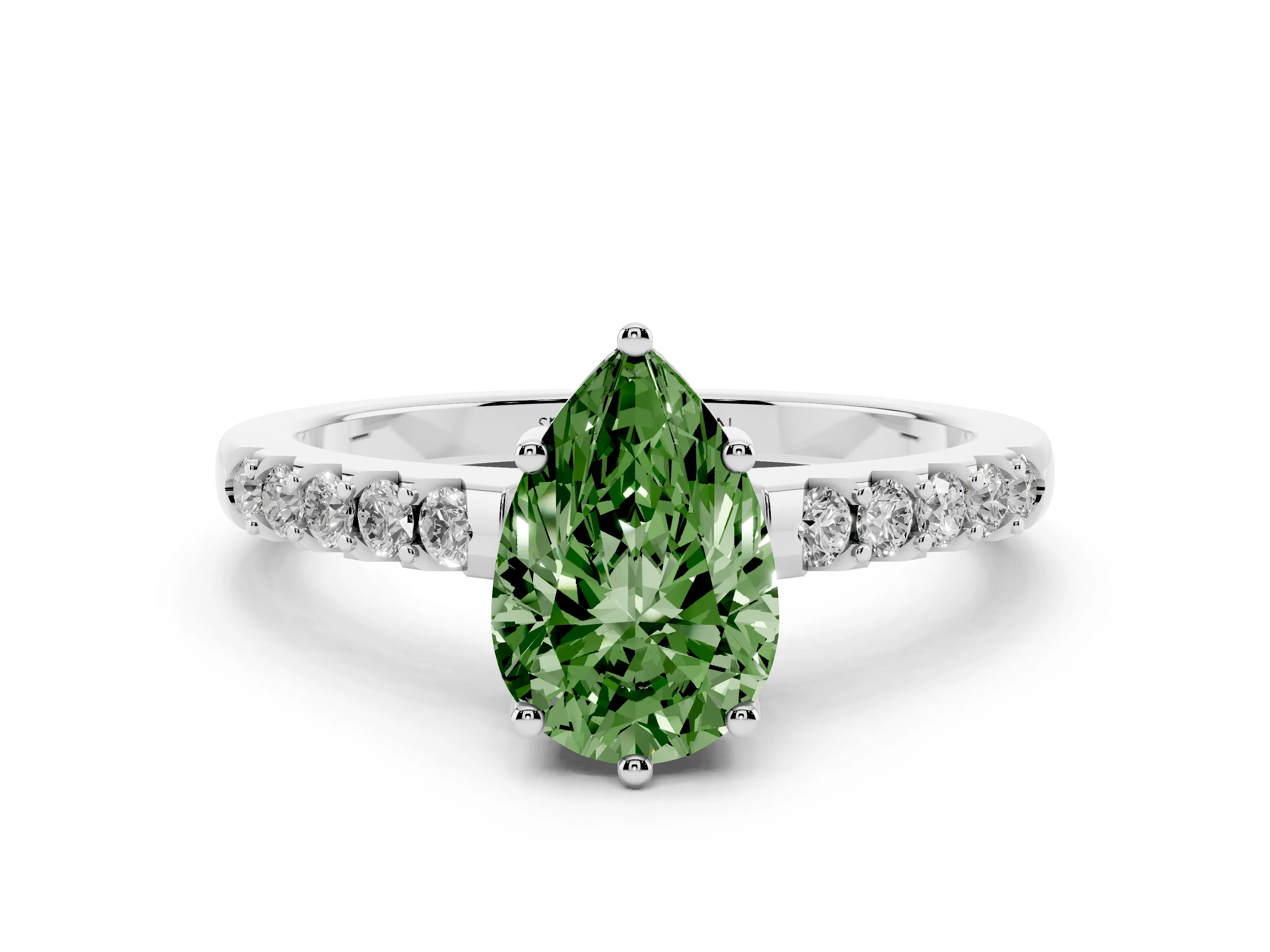 Fancy Green Pear Cut Diamond Solitaire Engagement Ring Set in Platinum with Pavé Band and Prong Setting
