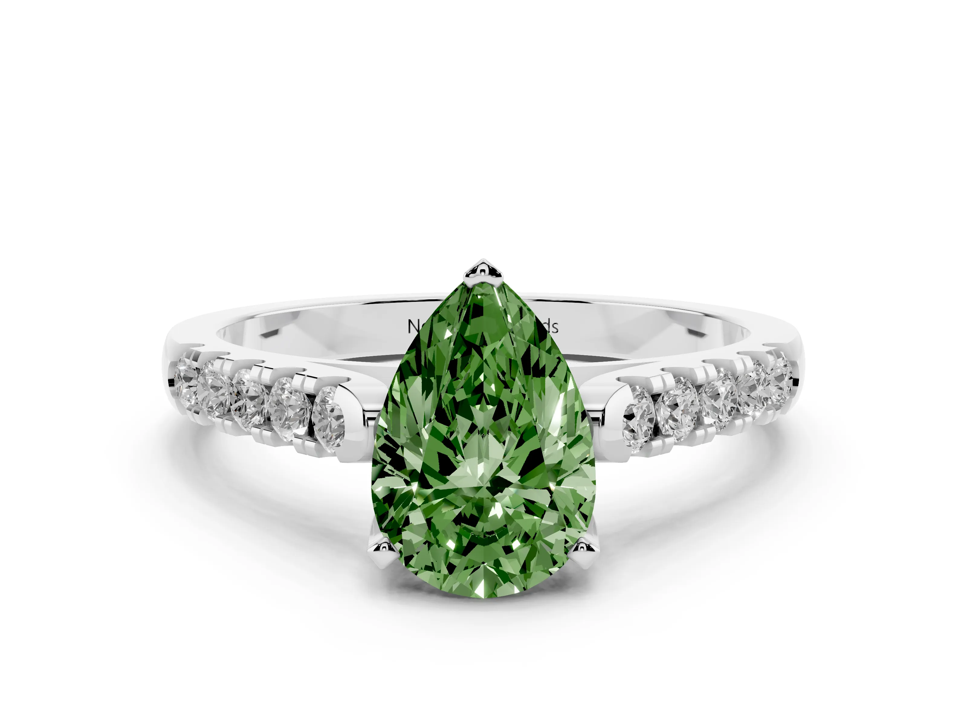 Fancy Green Pear Cut Diamond Pavé Band Solitaire Ring Set in White gold with Partway Accent Stones and Prong Setting