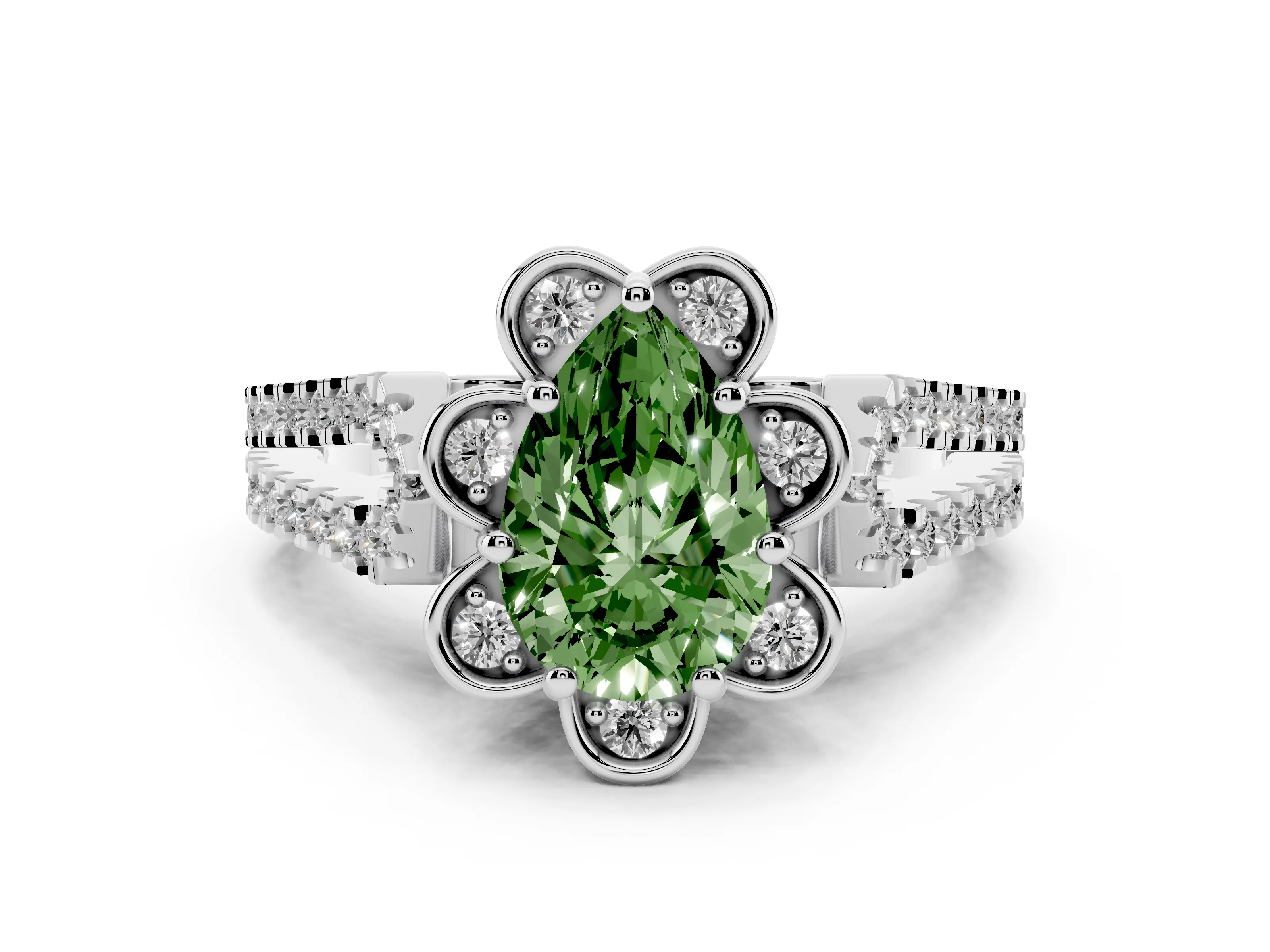 Fancy Green Pear Cut Diamond Floral Halo Split Shank Engagement Ring Set in Platinum with Pavé Shank