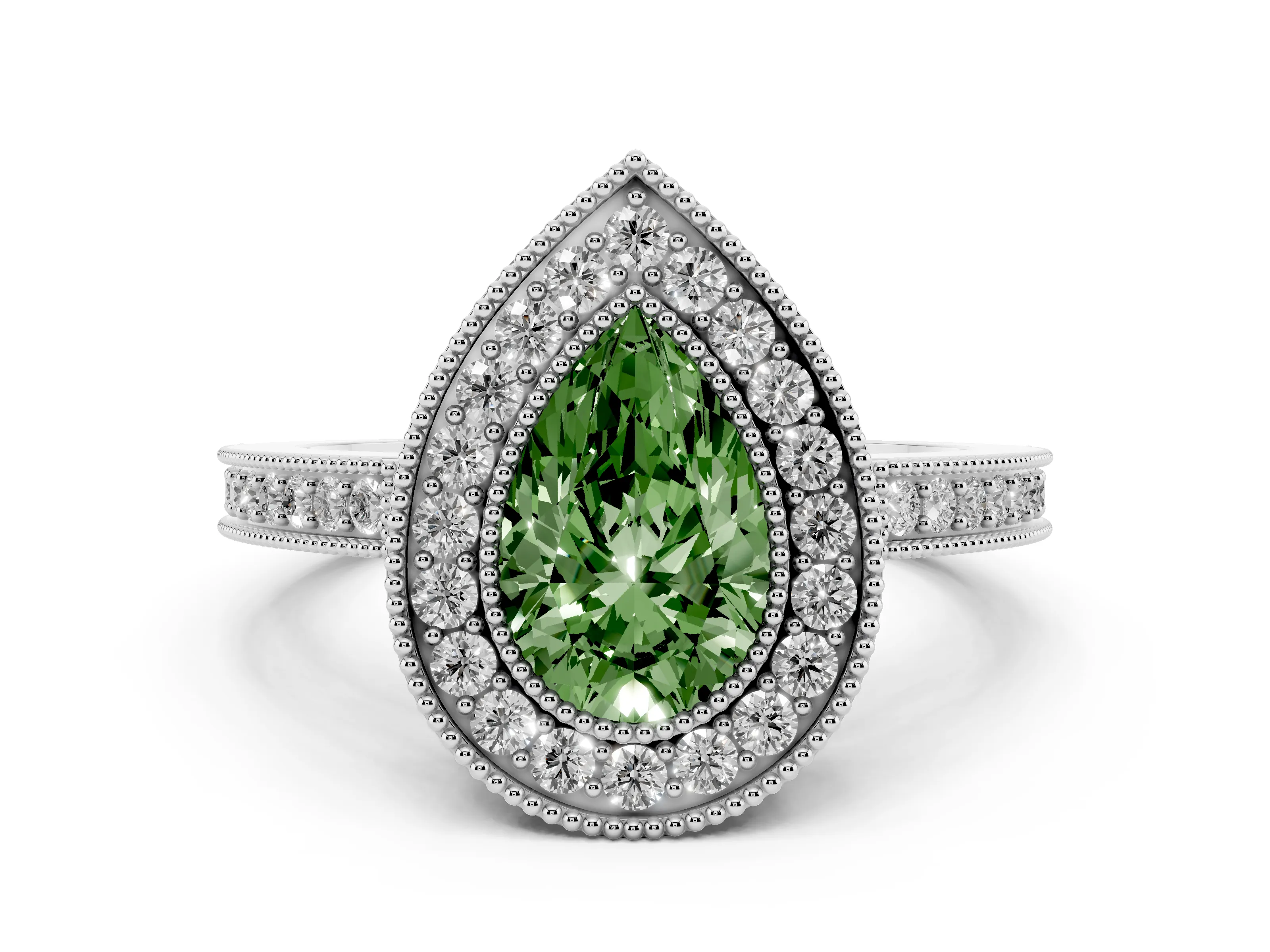 Fancy Green Pear Cut Diamond Round Halo Ring Set in White gold with Pavé Band