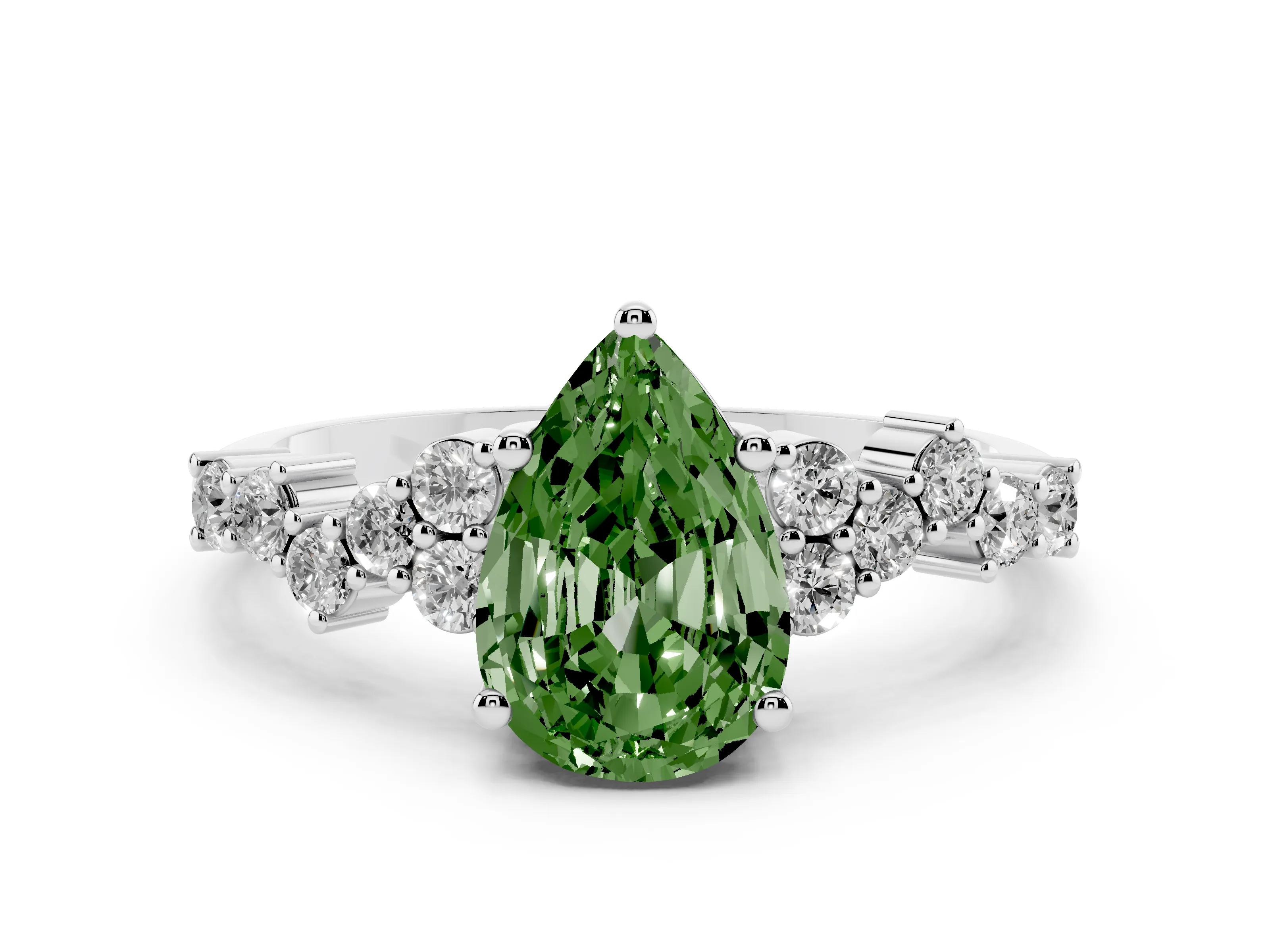 Fancy Green Pear Cut Diamond Ring Set in Platinum with Scattered Round Accents