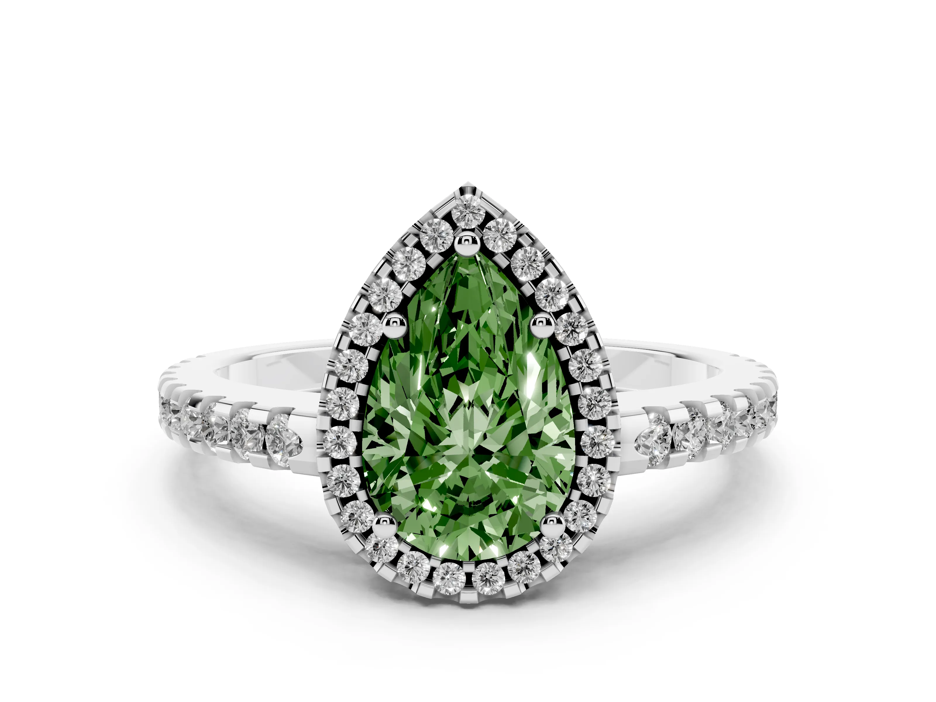 Fancy Green Pear Cut Diamond Halo Ring Set in White gold with Pavé Shoulders and Halo-Framed Center