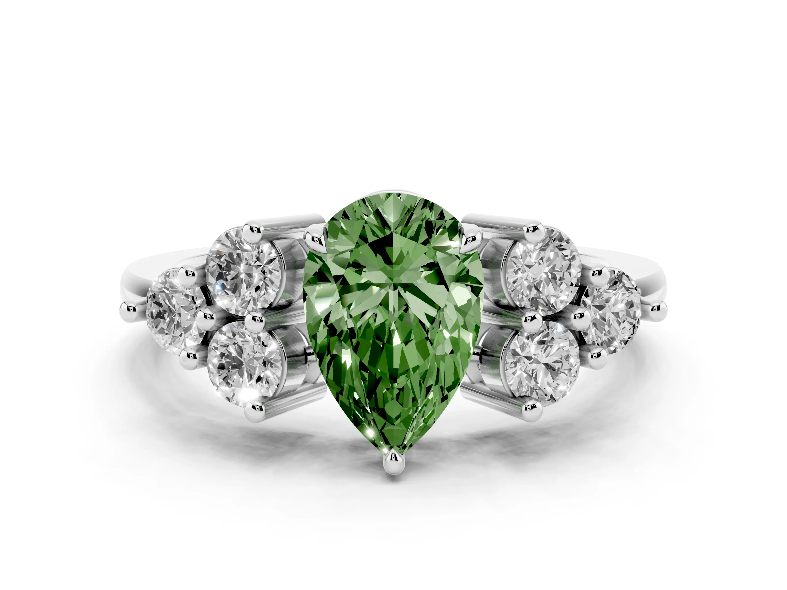 Fancy Green Pear Cut Diamond Solitaire Ring Set in Silver with Cluster Accents on Each Side