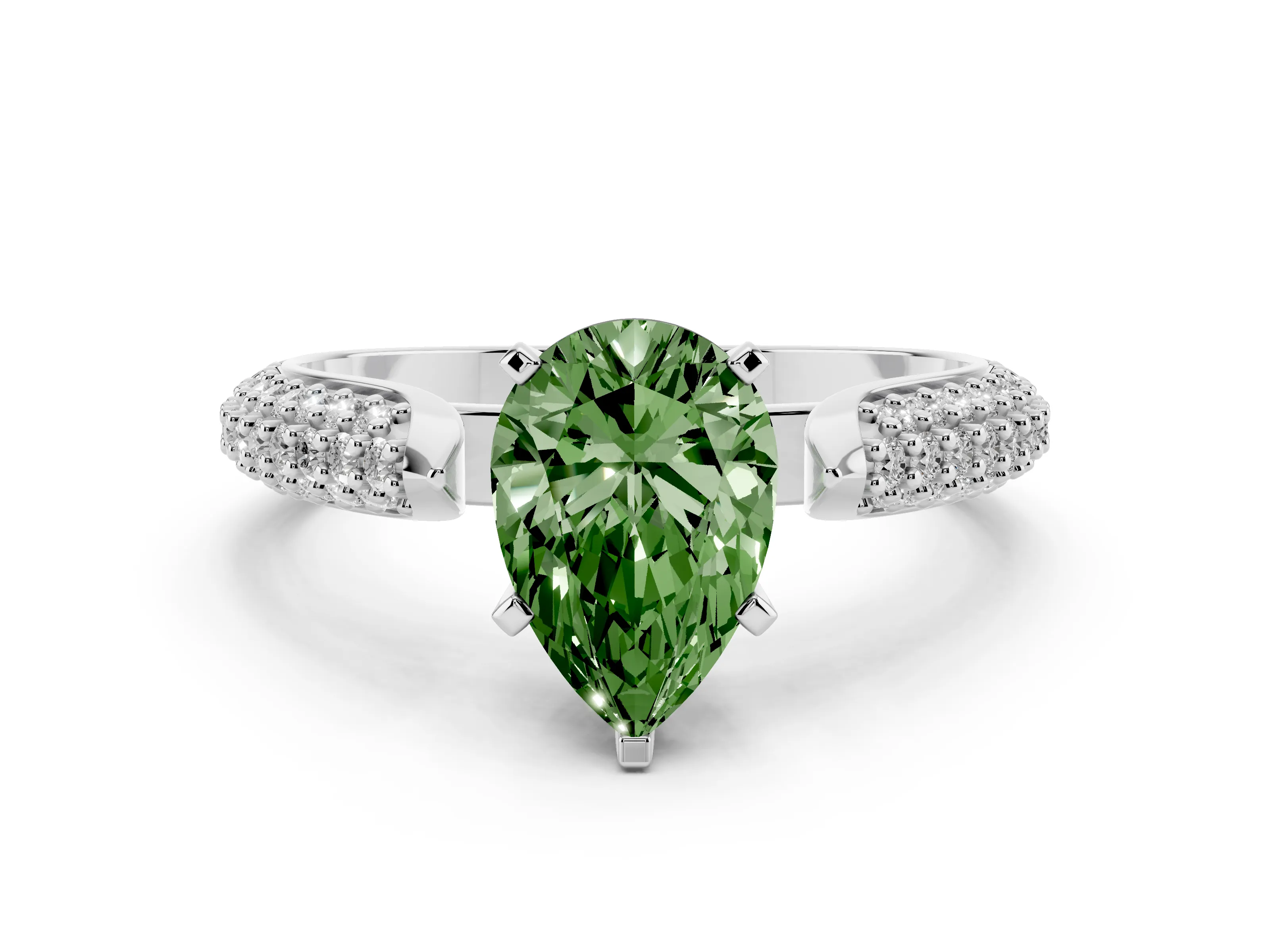 Fancy Green Pear Cut Diamond Solitaire Engagement Ring Set in Platinum with Multi-Row Round Pavé Band and Prong Setting