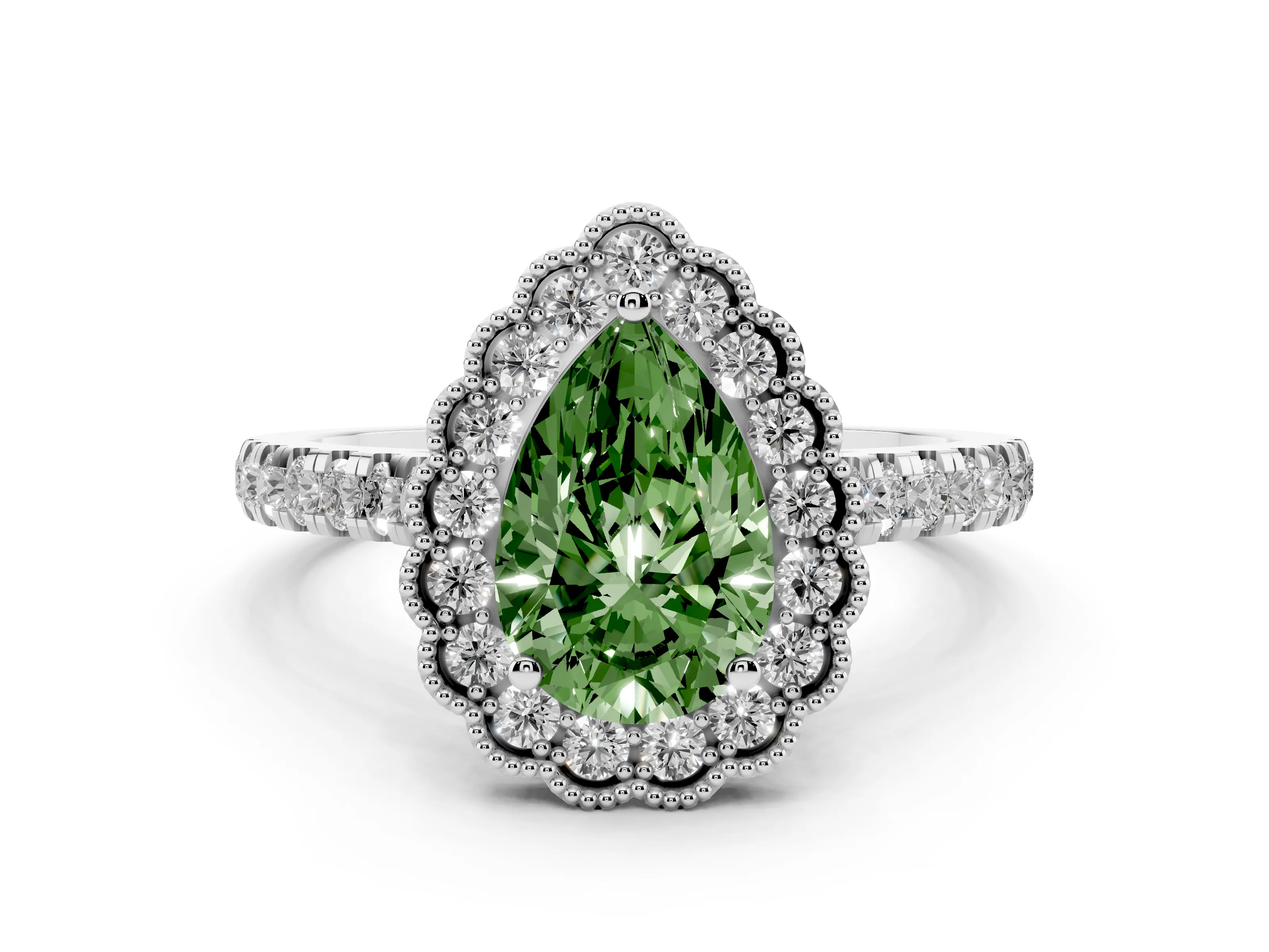 Fancy Green Pear Cut Diamond Milgrain Floral Halo Engagement Ring Set in Silver with Pavé Band