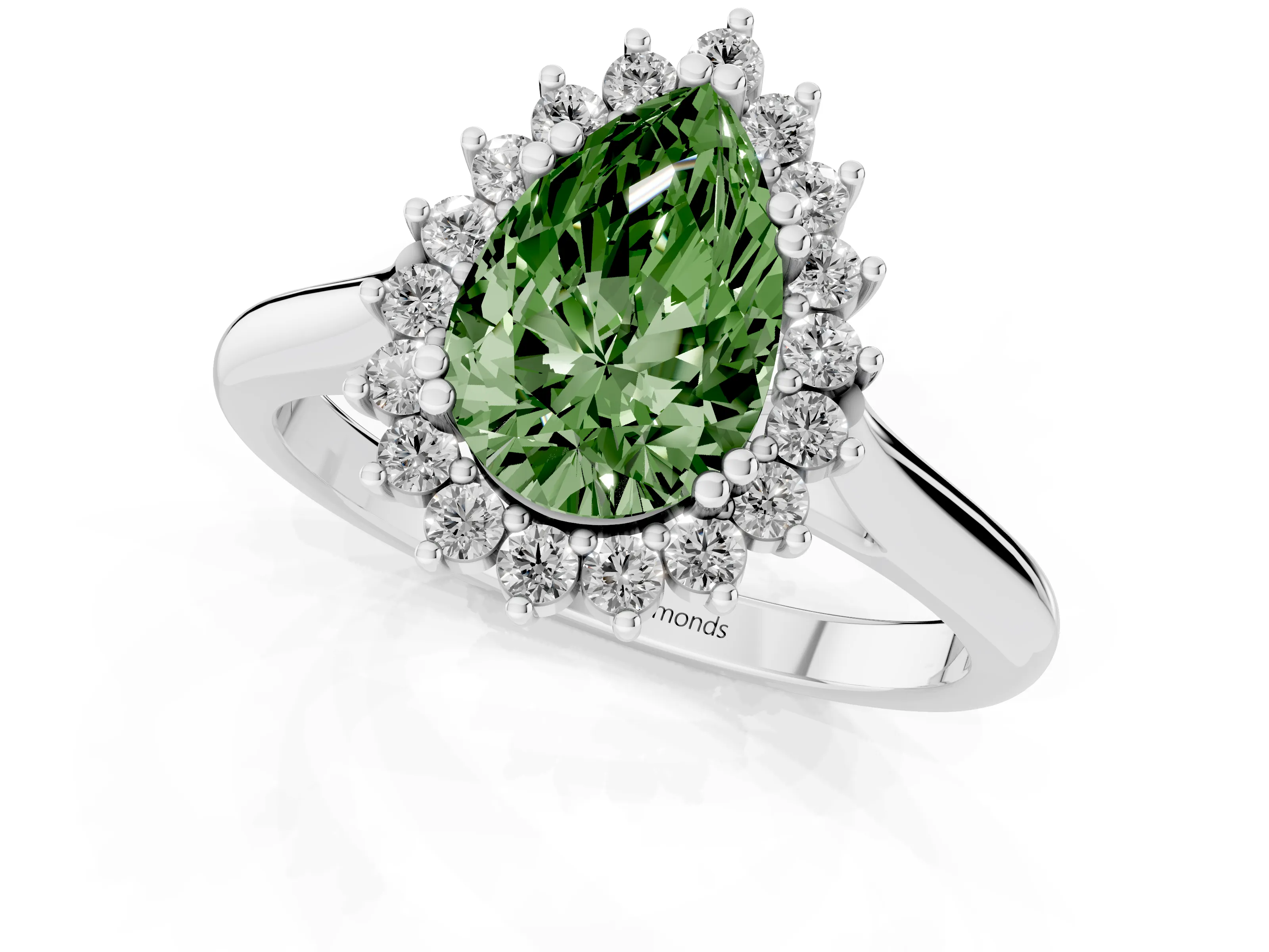 Fancy Green Pear Cut Diamond Halo Ring Set in Silver with Plain Solitaire Band and Prong Setting