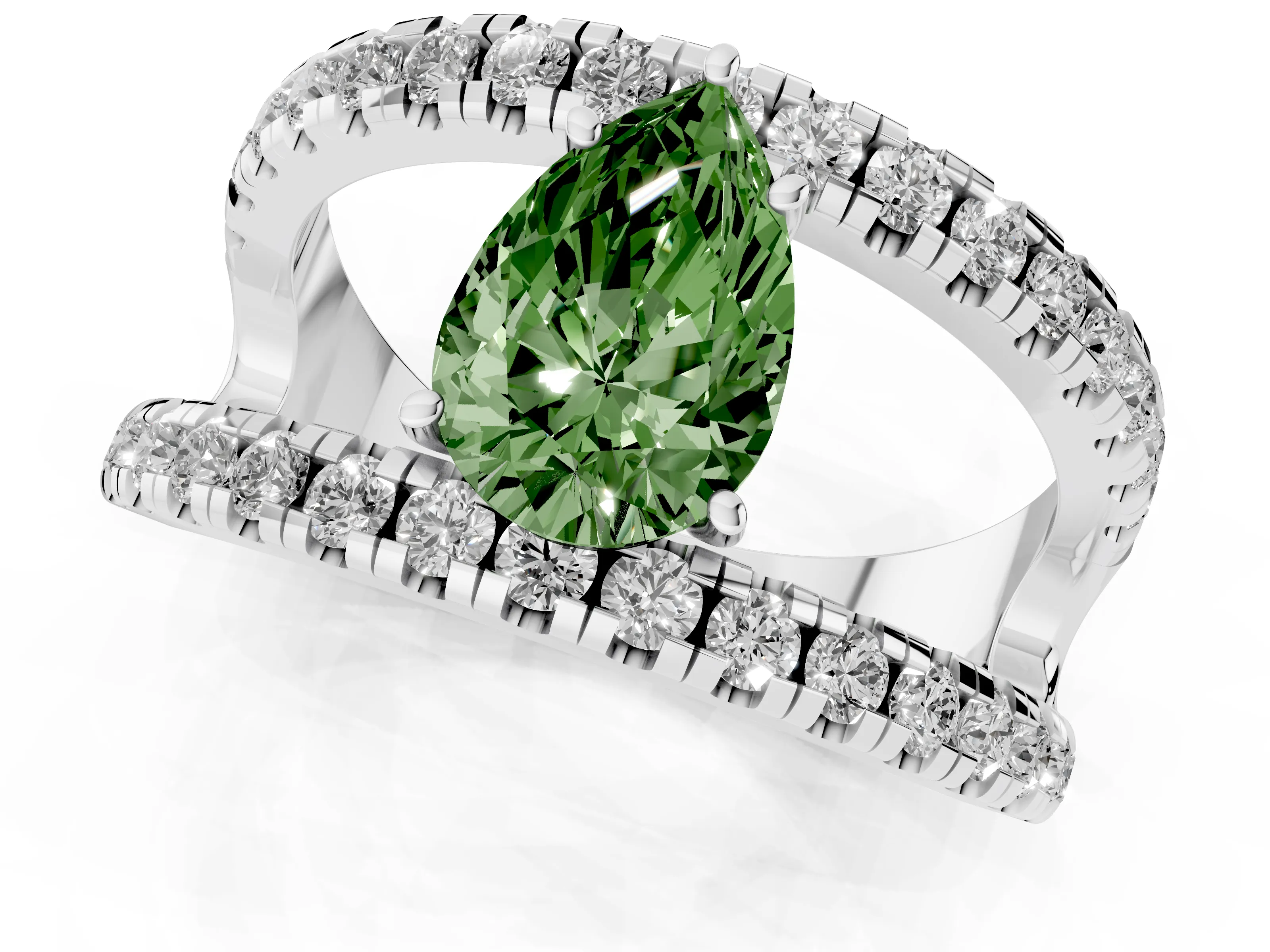 Fancy Green Pear Cut Diamond Split Shank Pavé Solitaire Ring Set in Platinum with Open Shank Design