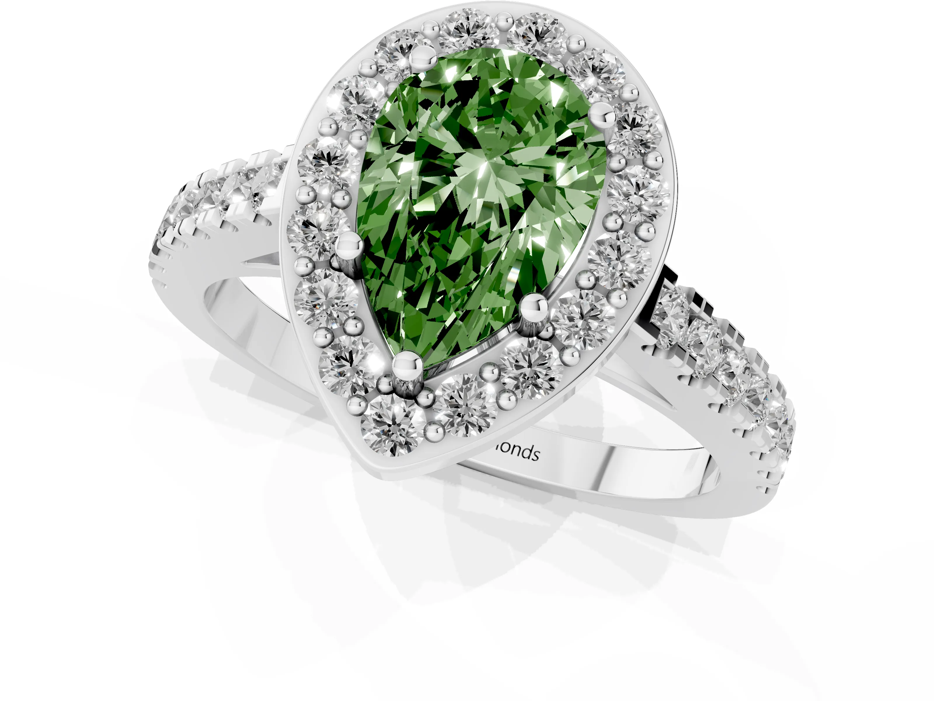 Fancy Green Pear Cut Diamond Halo Ring Set in Silver with Round Pavé Split Shank and Prong Setting