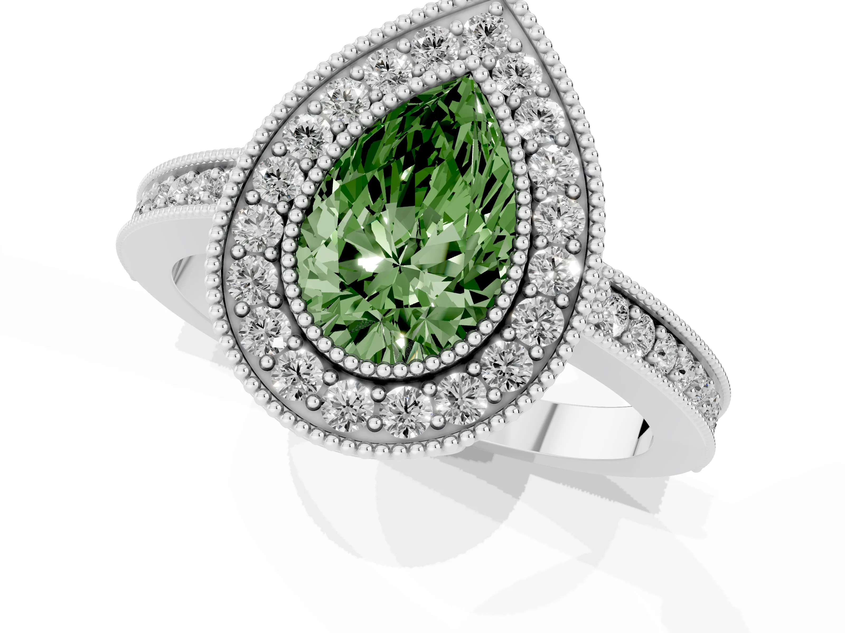 Fancy Green Pear Cut Diamond Round Halo Ring Set in White gold with Pavé Band