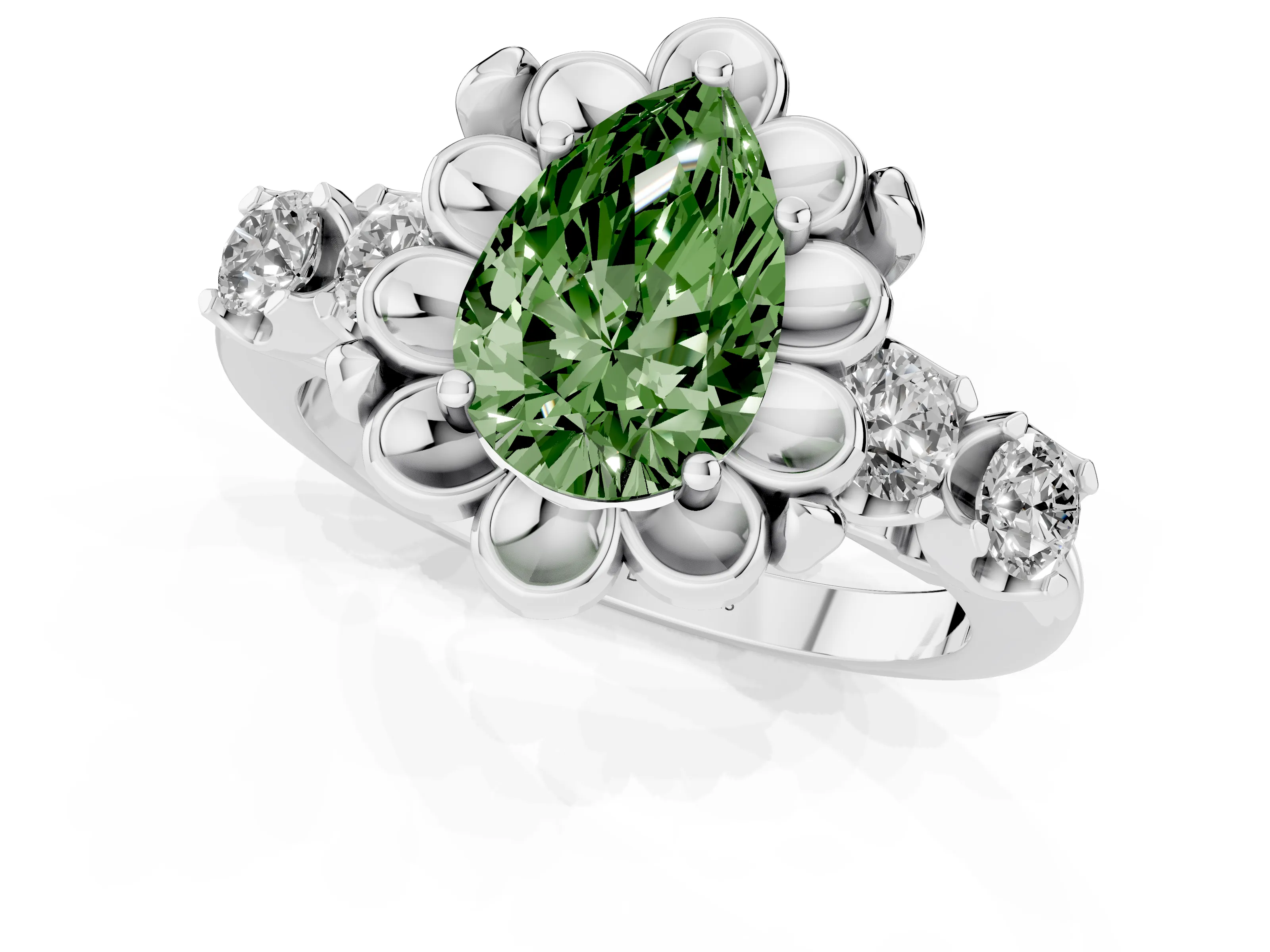 Fancy Green Pear Cut Diamond Floral Halo Ring Set in Platinum with Shared Prong Band