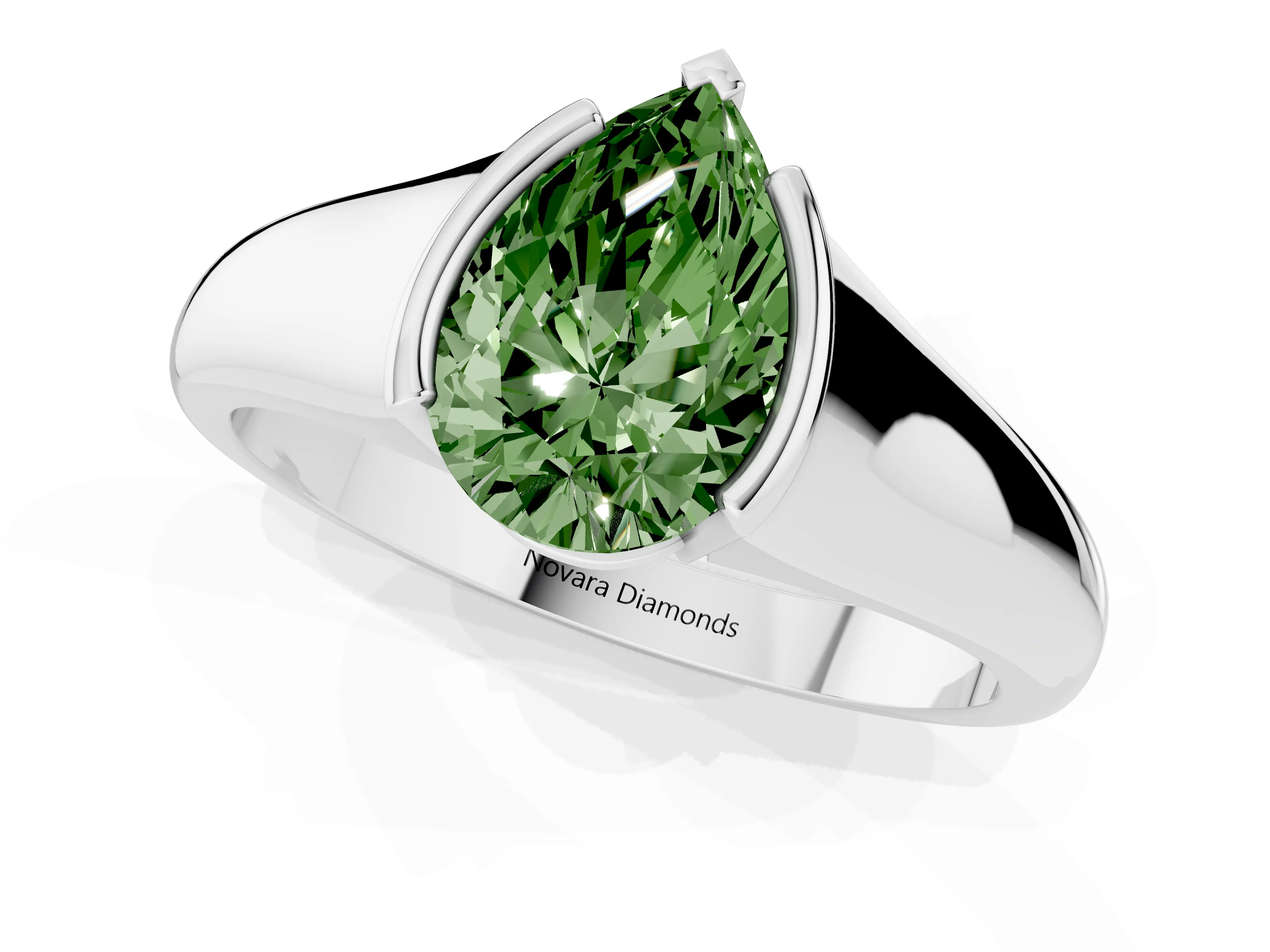 Fancy Green Pear Cut Diamond Solitaire Tension Set Ring Set in White gold with Split Shank Band