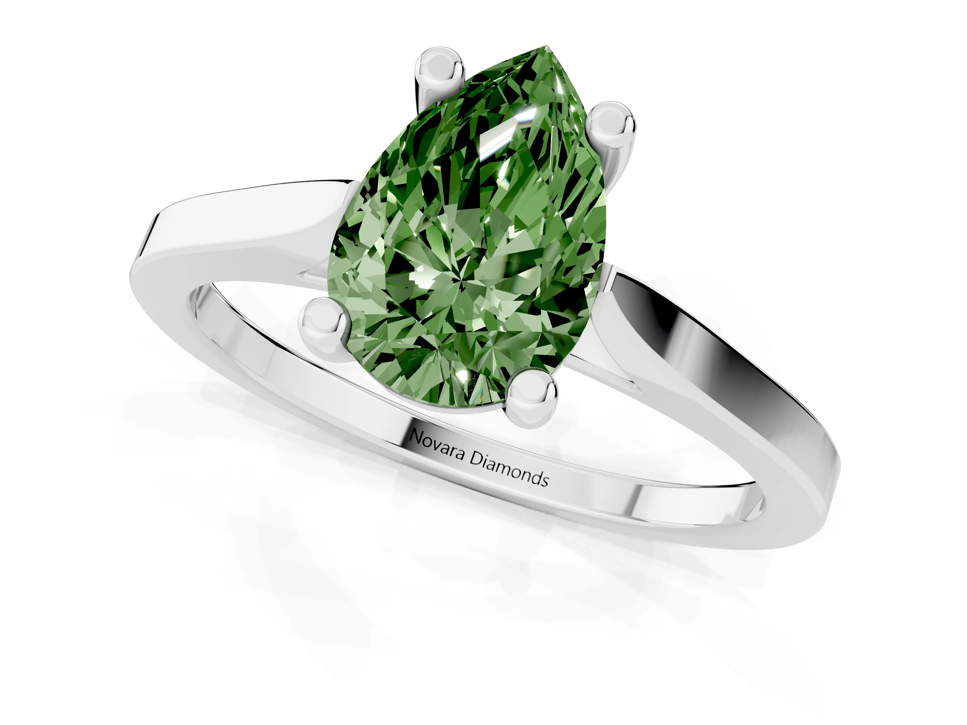 Fancy Green Pear Cut Diamond Solitaire Ring Set in Platinum with Prong Setting and Tapered Band